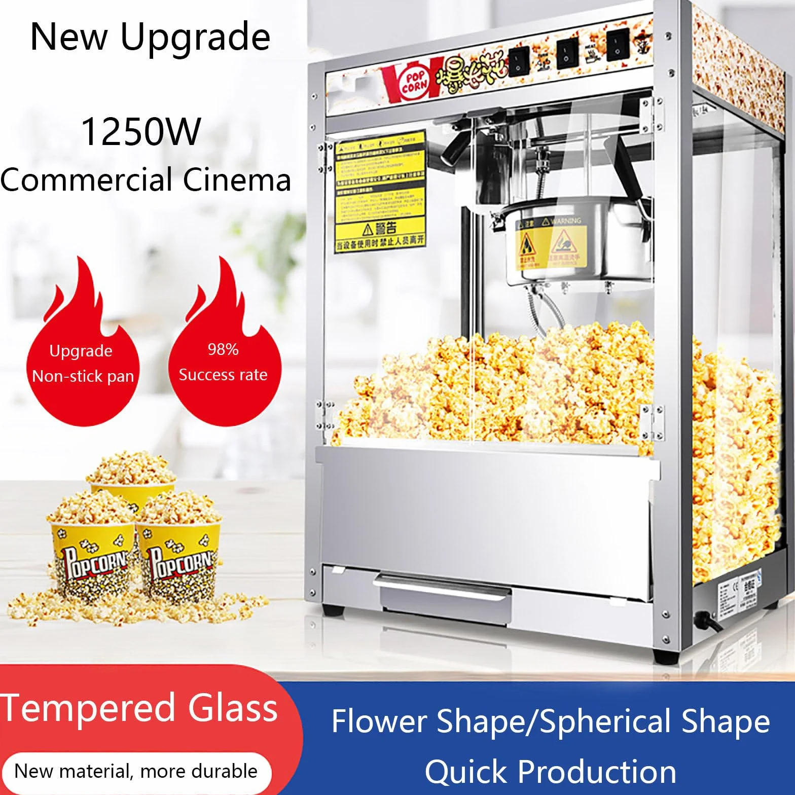 Máquina Comercial de Palomitas de Maíz, Máquina de Palomitas de Maíz para Cine con Hervidor de Acero Inoxidable, Máquina de Palomitas de Maíz de Mesa de Vidrio Templado, para el Hogar