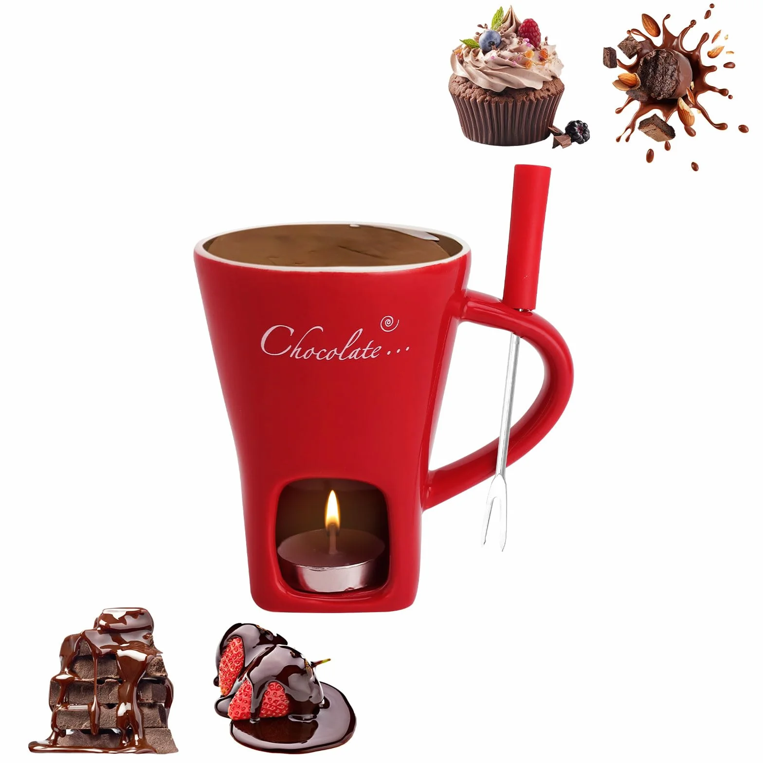 Taza de cerámica para fondue de chocolate 130 ml con portavelas y tenedores