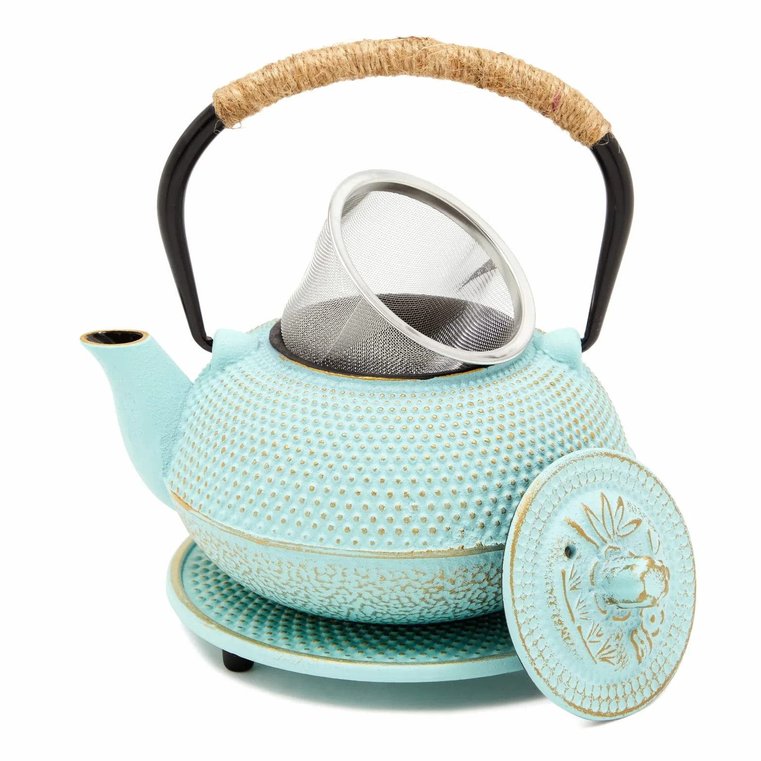 Juvale Tetera de hierro fundido con infusor – Tetera japonesa, hojas sueltas Tetsubin con mango y salvamanteles (verde, 3 unidades, 18 onzas, 500 ml)