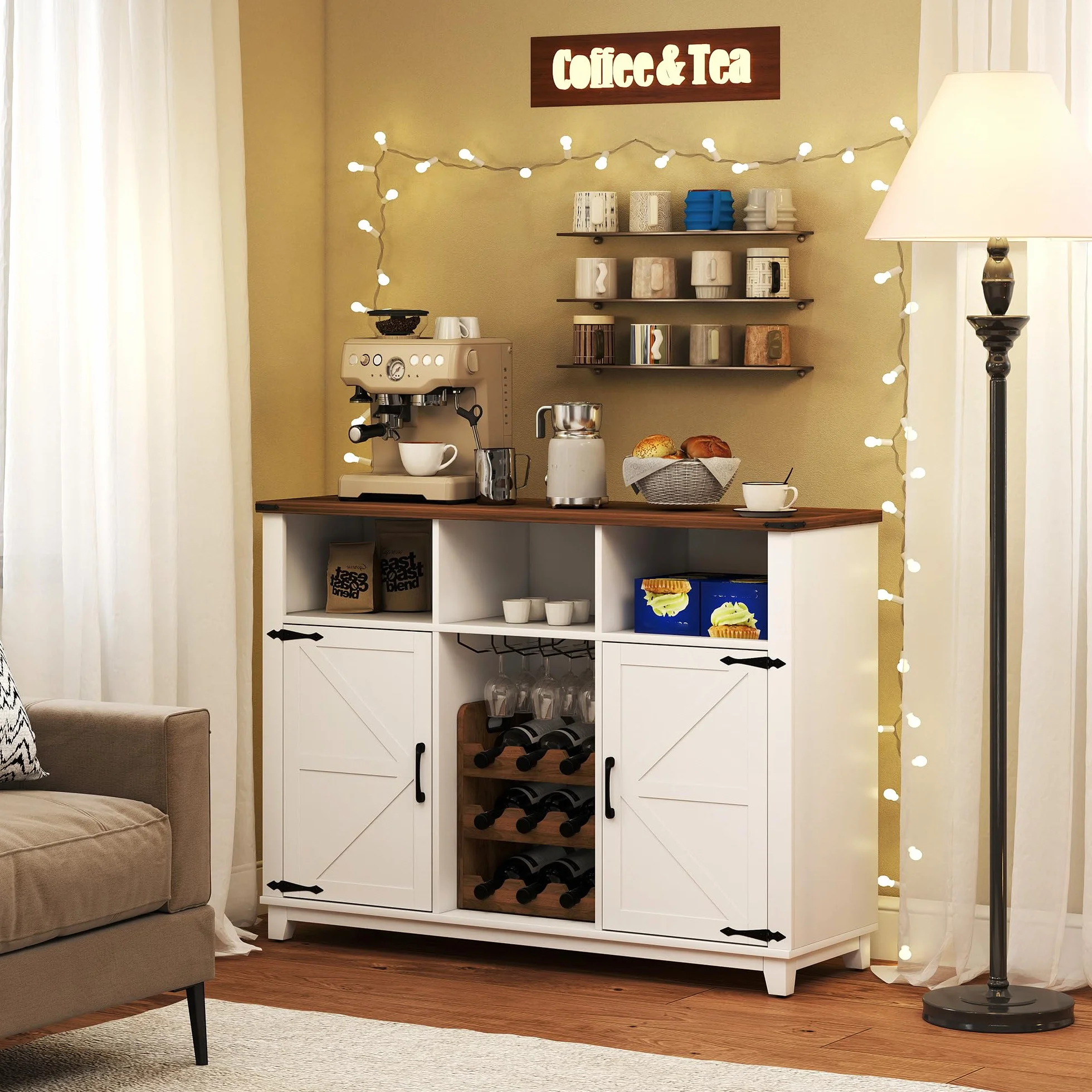 HOMCOM Aparador de Cocina con Botellero, 2 Puertas de Granero, Estantes Ajustables, Soporte para Copas para 9 Botellas, 120x37x88 cm Blanco