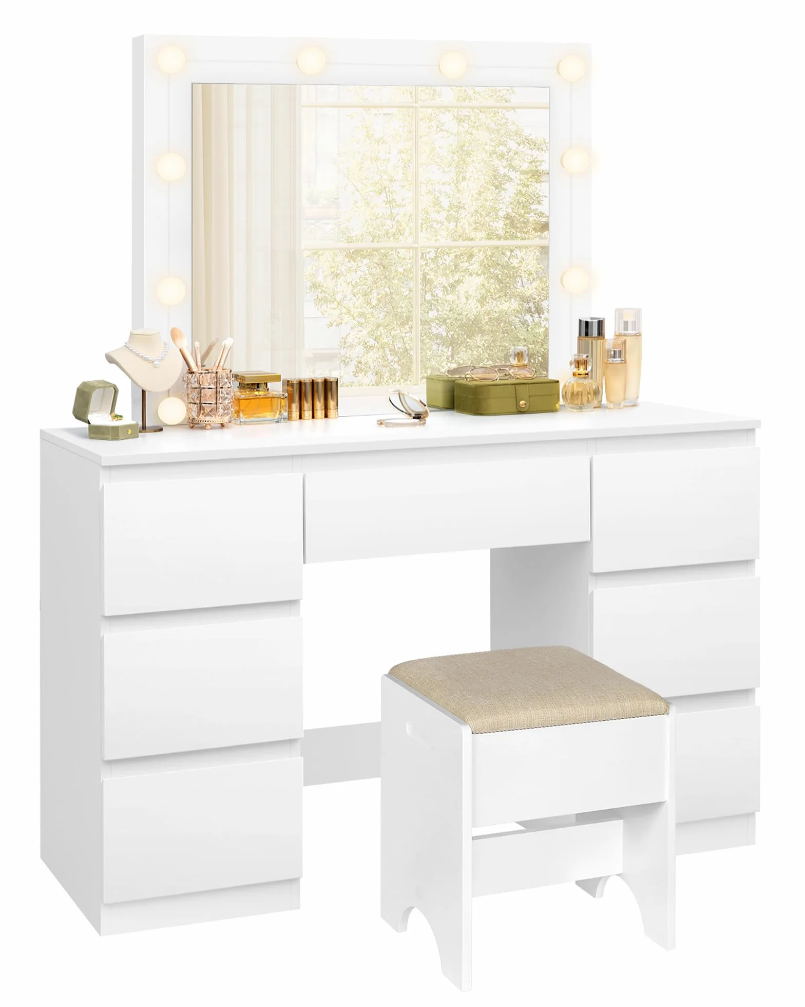 WOLTU Vanity de Maquillaje, Tocador de Maquillaje con Taburete, Tocador con Espejo y Luz LED, Luz Ajustable, con 7 Cajones, para Dormitorio, Sala de Belleza y Vestidor, 107x39,5x140,5 cm, Blanco