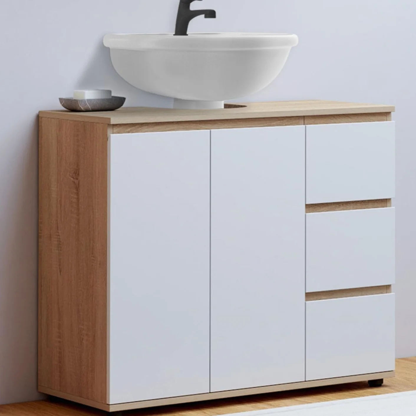 IDMarket: mueble bajo lavabo para baño TOMI con armario y 3 cajones estilo haya y blanco