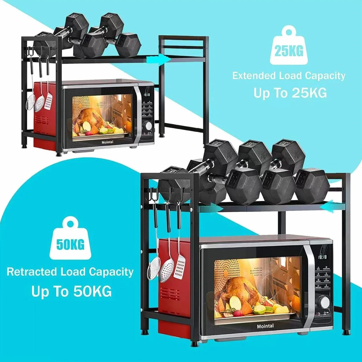 LUHWYJA Soporte Extensible para Horno de Microondas, Estante Ajustable, Rejilla para encimera de Cocina Organizador Estanteria Mueble con 6 Ganchos (2 Niveles, Negro)