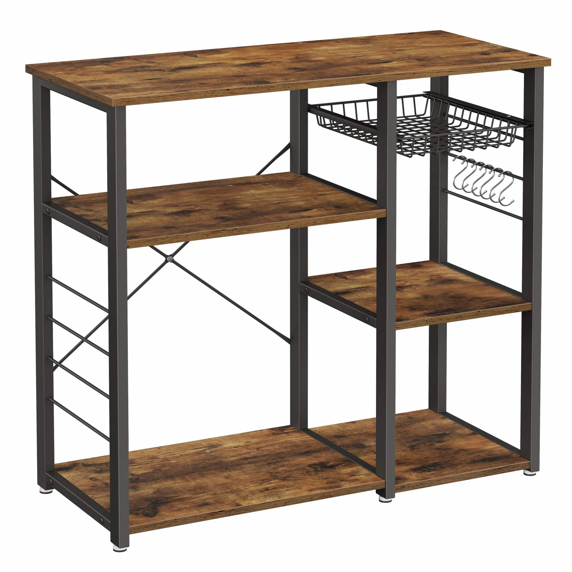 VASAGLE - Estantería de Cocina, con Marco de Acero, 1 Cesta y 6 Ganchos, Almacenamiento para Mini Horno, Especias y Utensilios, Estilo Industrial, marrón rústico y Negro KKS90X