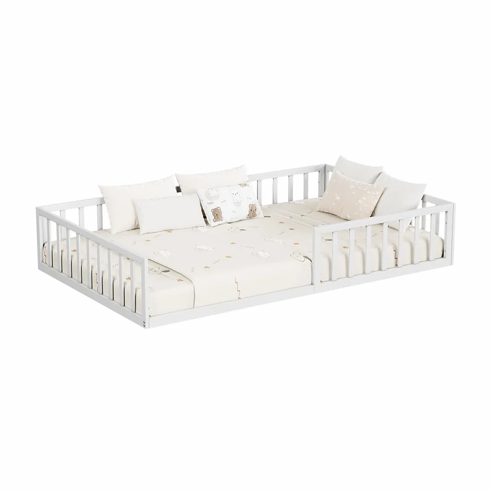 VitaliSpa Cama Baja Minno 120x200 cm, Cama Infantil Montessori de Metal con Barrera de Seguridad y colchón, Blanco