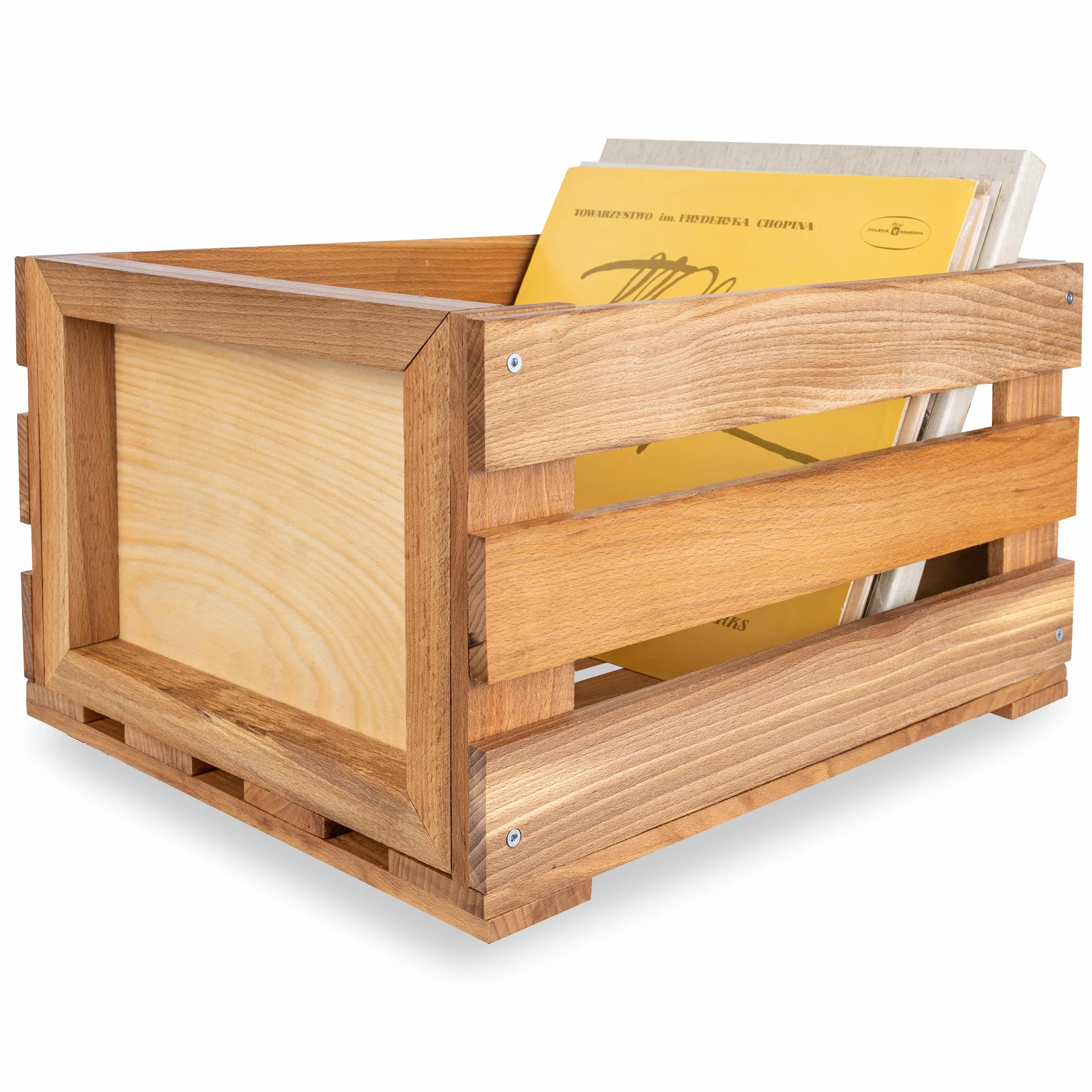 Creative DECO Caja de Madera para Discos de Vinilo con Pizarra | 80 Discos | 46x36x25cm (+/-1cm) | Mueble Soporte Cajón Porta Vinilos | Madera de Haya | Cesta para Frutas, Verduras, Vino, Juguetes