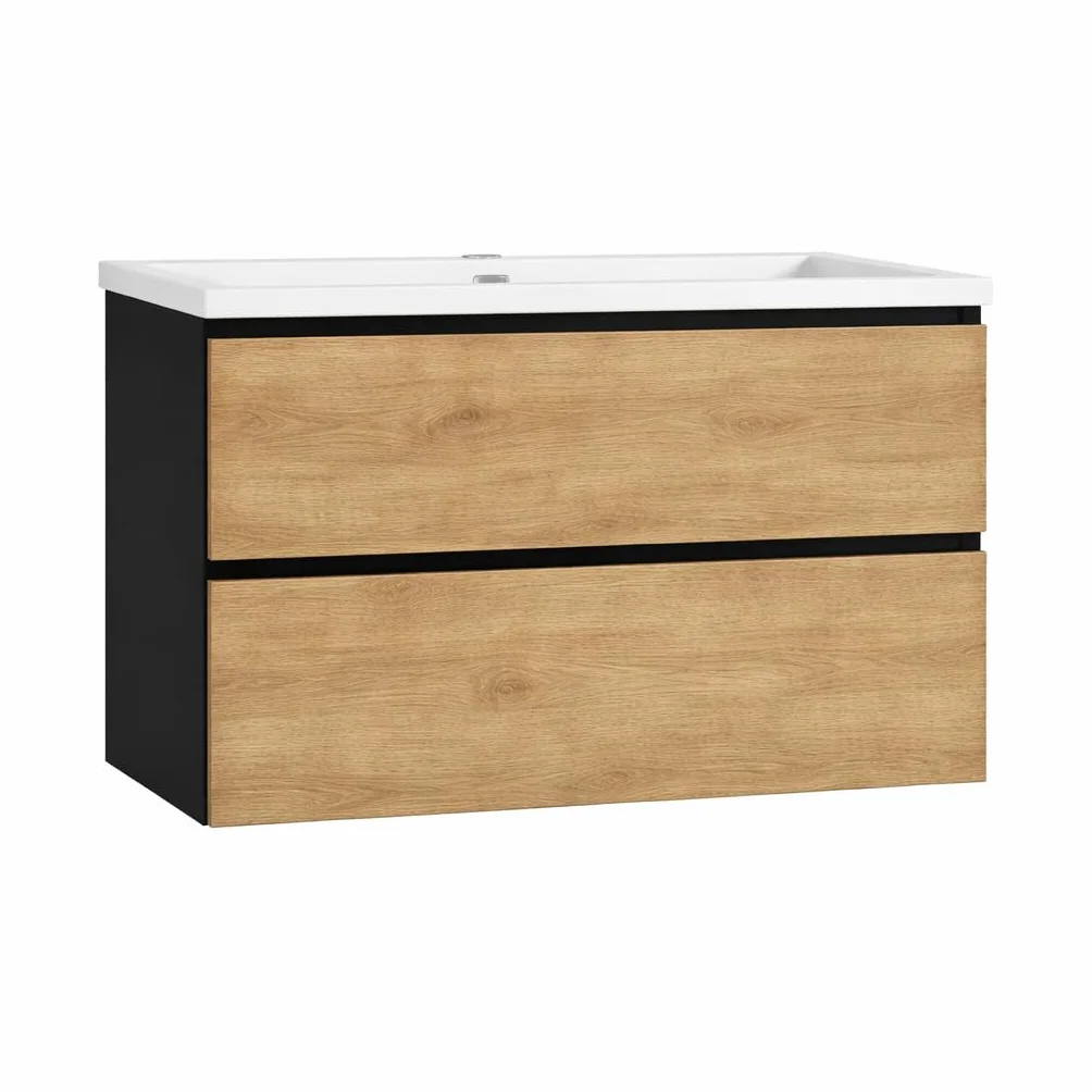 Baikal Mueble de Baño Lia. Mueble MONTADO. 2 Cajones Suspendido con Lavabo Ceramico. Armario de Baño. Cierre Amortiguado. Altura 64cm. 90cm. Negro - Nature