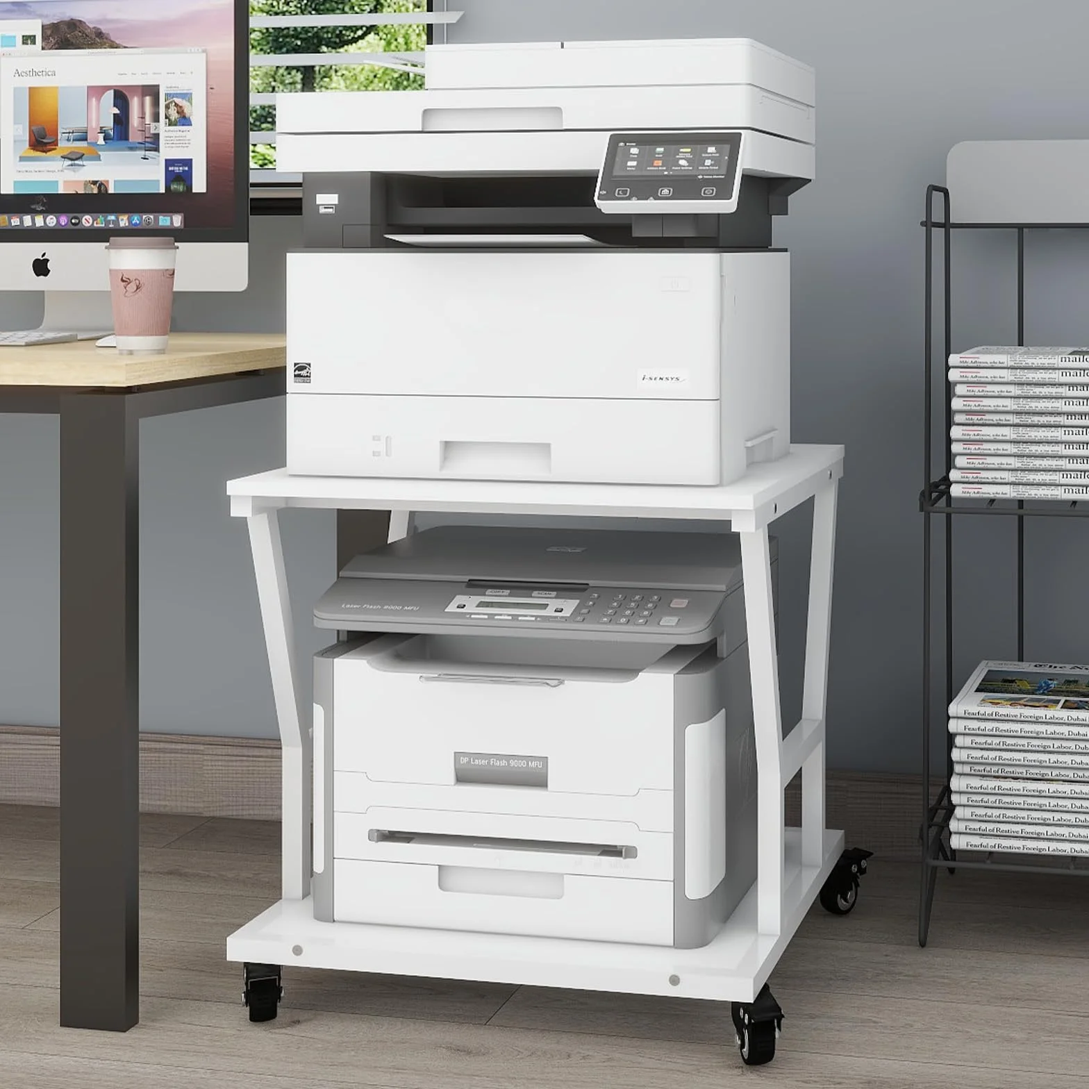 PUNCIA Soporte para Impresora con Ruedas 50 x 50 cm Mesa para Impresora de 2 Niveles Móvil de Madera y Metal Carro para Organización con Estantes de Almacenamiento para Oficina Hogar Escuela Blanco