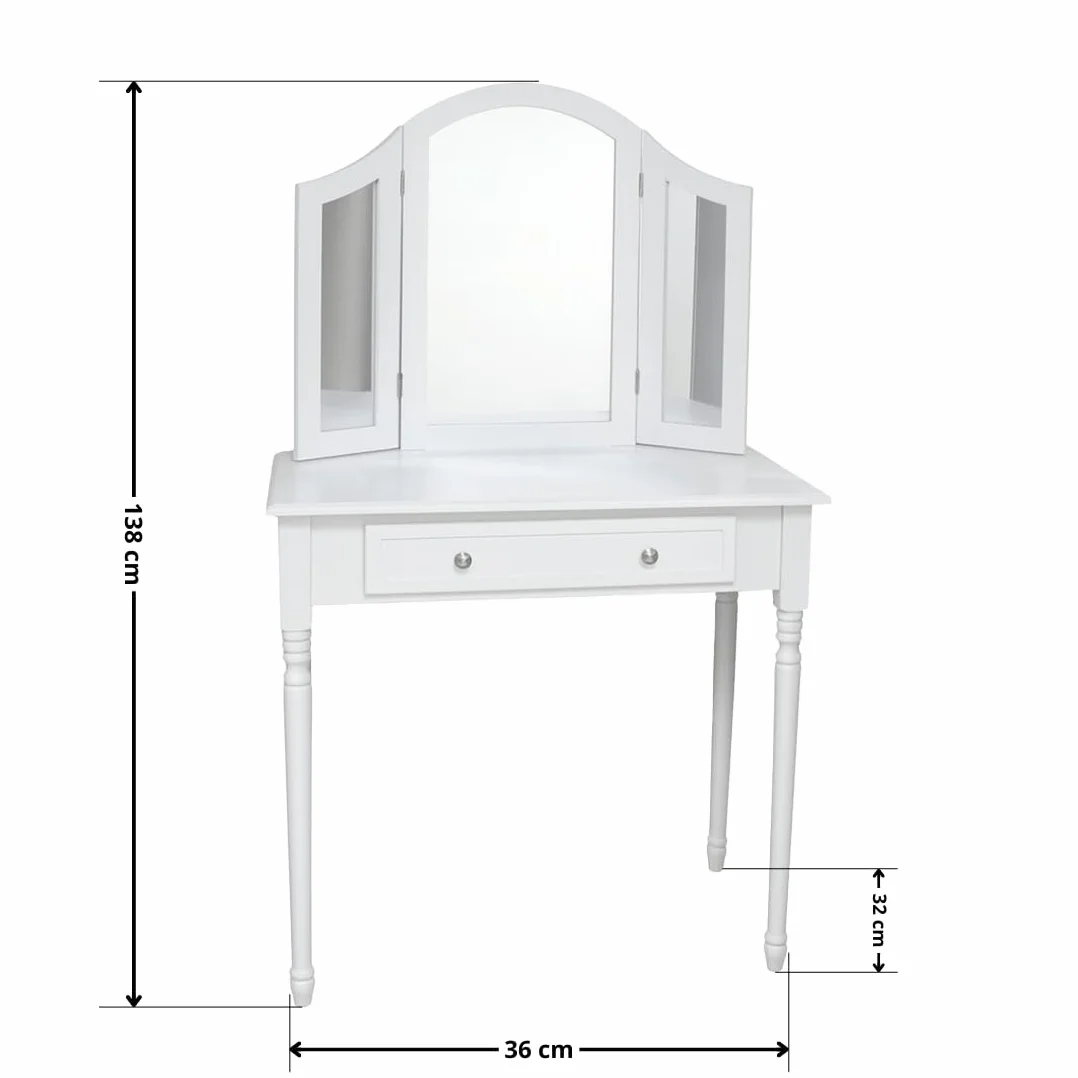 Acomoda Textil – Tocador de Madera con Espejo. Mesa de Maquillaje Blanca con Cajón Amplio y Diseño Elegante para Dormitorio. Mueble Funcional, Resistente y Versátil. (82x36x138 cm)