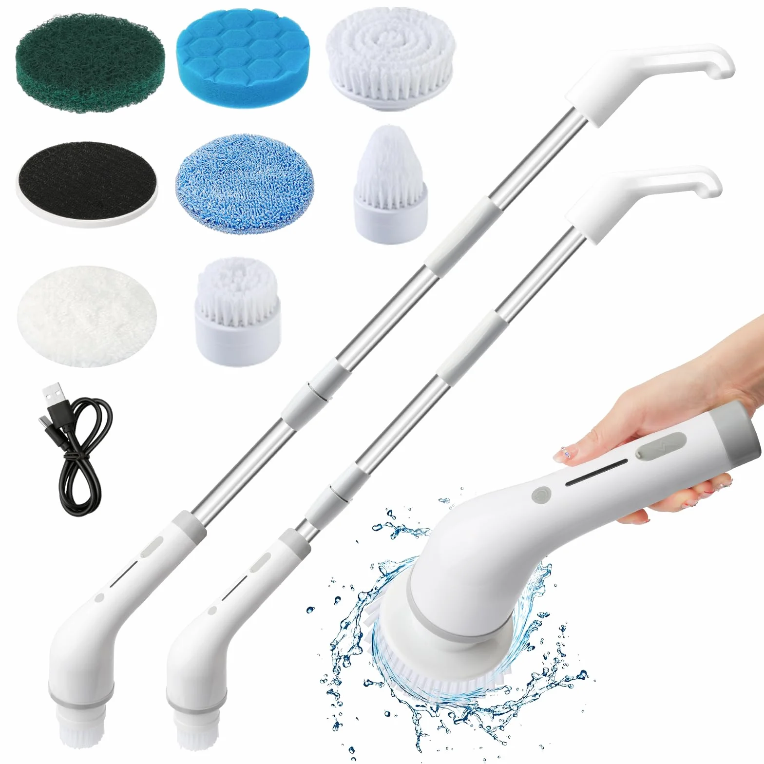 Fregadora Giratoria Eléctrico,Cepillo de Limpieza Inalámbrico con 8 Cabezas de Cepillo Reemplazables,Cepillo ElÉCtrico de Ducha con Mango Ajustable para Baño,Suelo de Baldosas y Coche