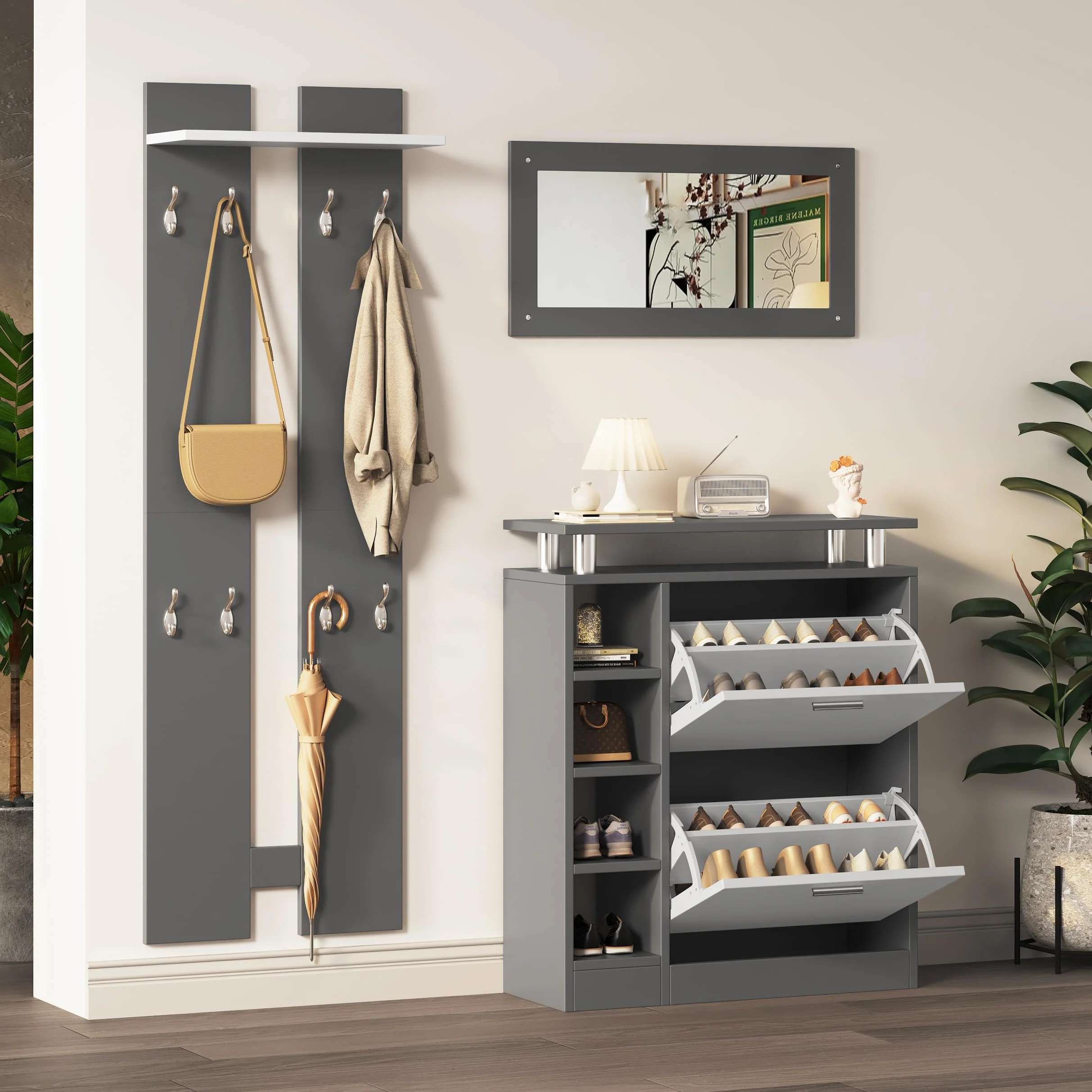 Mueble de Recibidor con Espejo Perchero y Zapatero, Juego de Perchero de Pared con Barras de Colgar y Ganchos, Conjunto de Armario para Entrada Pasillo, Gris