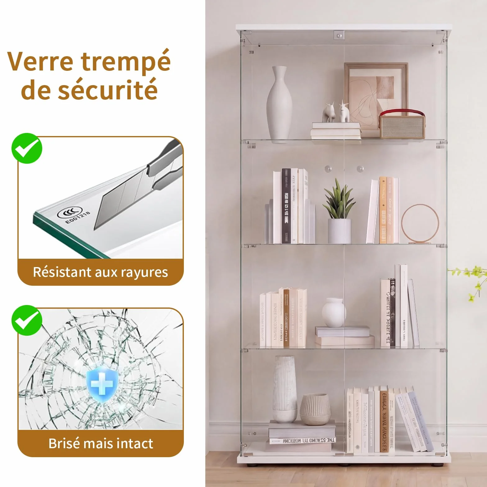 DADEA Vitrina Cristal 4 Estantes y 2 Puerta, Vitrina con Cerradura, 36,5 x 80,5 x 164cm, Columna Expositora Vidrio MuebleVitrina Expositora Armario Vidrio VitrinaExpositora AltaVitrina Suelo, Blanco