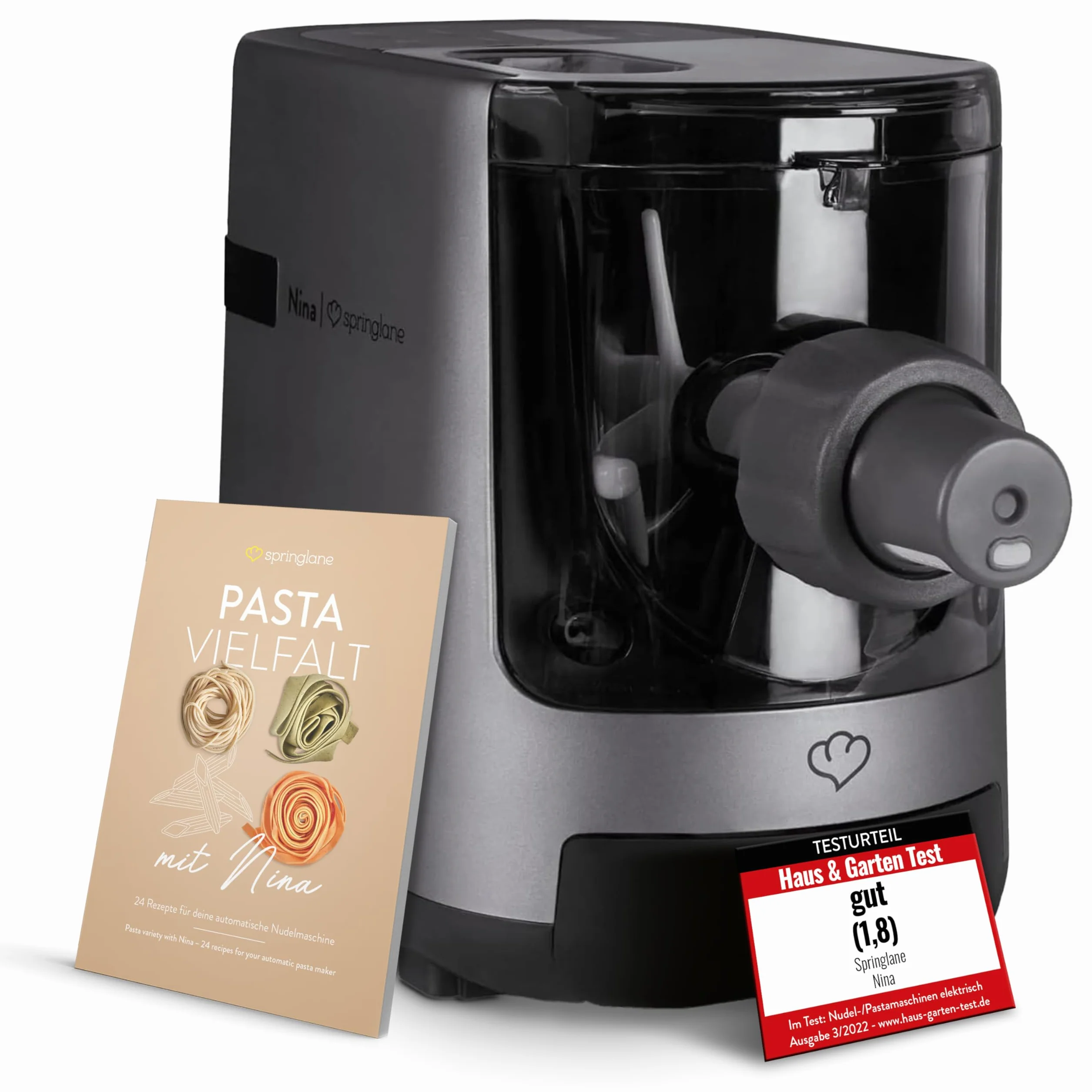 SPRINGLANE Nina - Máquina de pasta eléctrica con báscula integrada - 7 cabezales de pasta, 180 W, 600 g de masa, preparar automáticamente pasta fresca en menos de 30 minutos