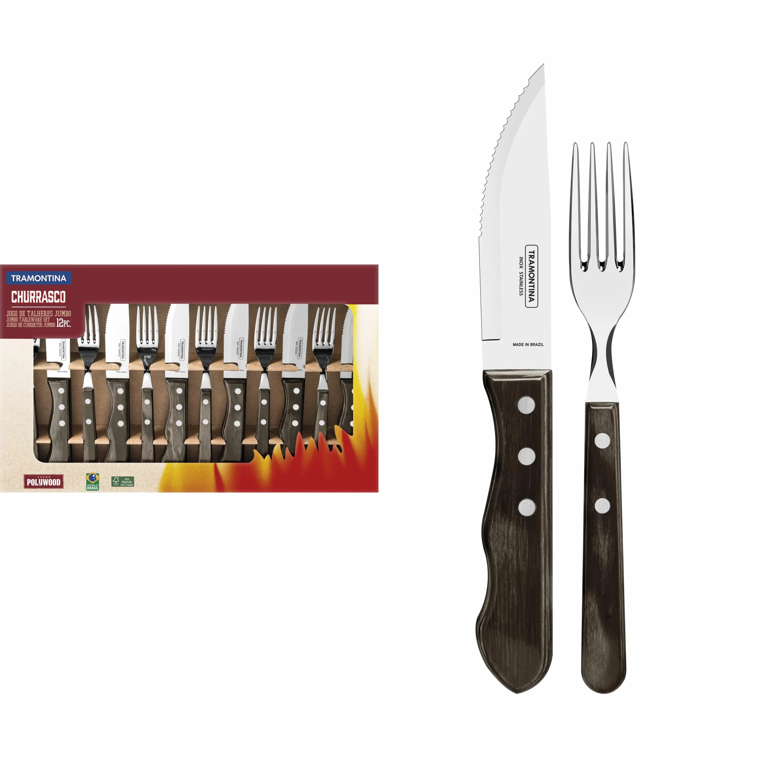 Tramontina Juego de 12 cubiertos para carne, AISI 420, madera auténtica, acero inoxidable, plata, 25.5