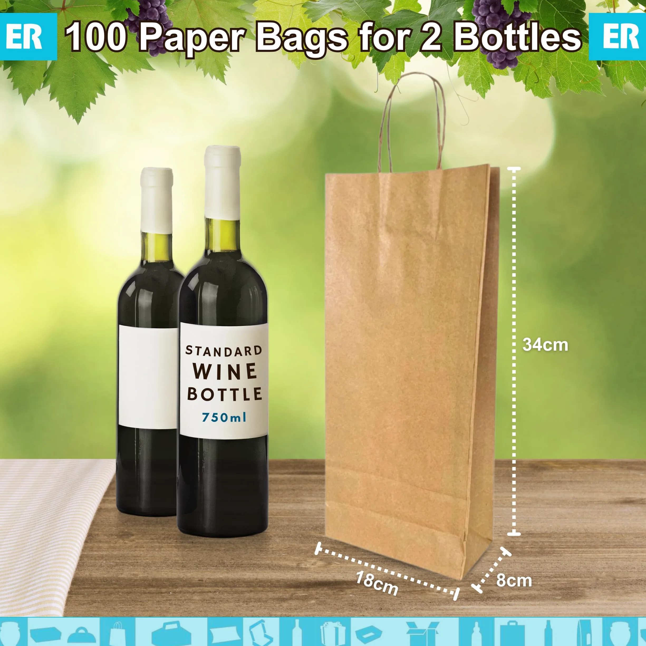 Espirito Rebelde 100 Bolsas para 2 Botellas de Vino 18x8x34cm | Diseño Elegante | Transporte Seguro con Asas Reforzadas | Ideal para Tiendas de Vino | Regalos: Navidad y Fiestas