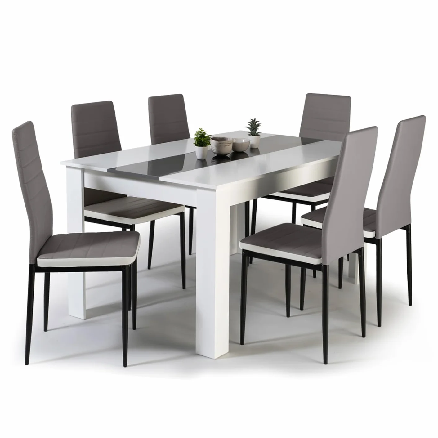 IDMarket – Conjunto de mesa de comedor Georgia, de 140 cm, blanca y gris, y 6 sillas Romane grises con ribete blanco