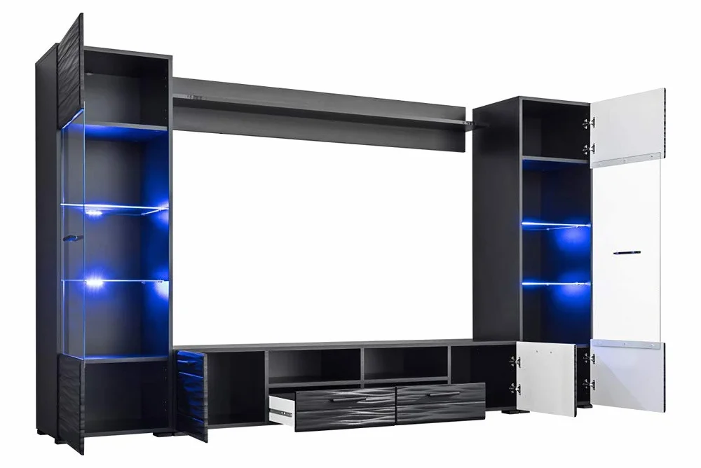 BIM Furniture MODIC Mueble de Pared 260 cm Conjunto de Salón Vitrina Mueble Bajo Negro Alto Brillo LED