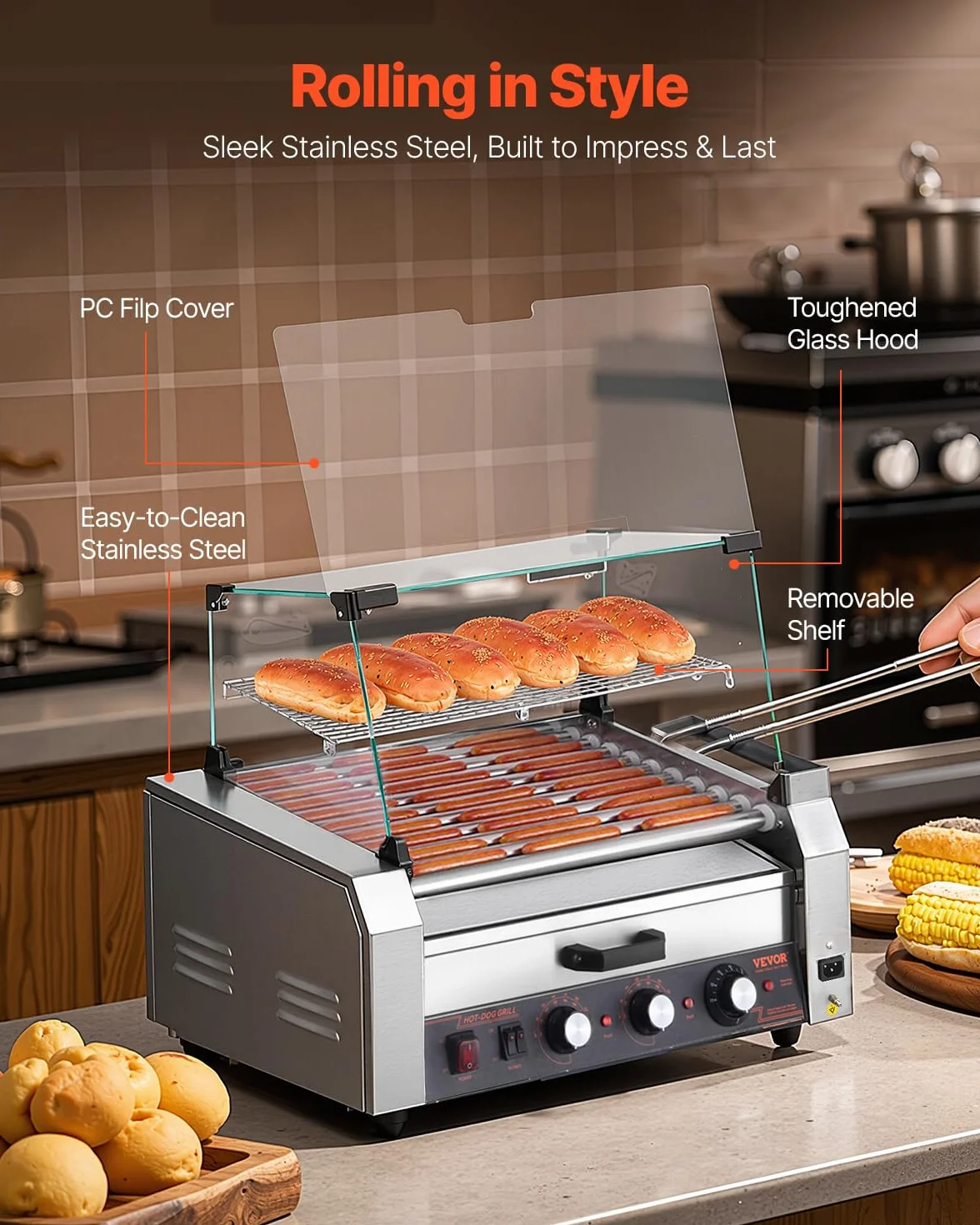 VEVOR Parrilla de Acero Inoxidable para Perros Calientes de 2400 W con Calentador de Panecillos, Cubierta, Control de 3 Temperaturas, Caja de Almacenamiento Lateral, 11 Rodillos, 5 r/min, Plata