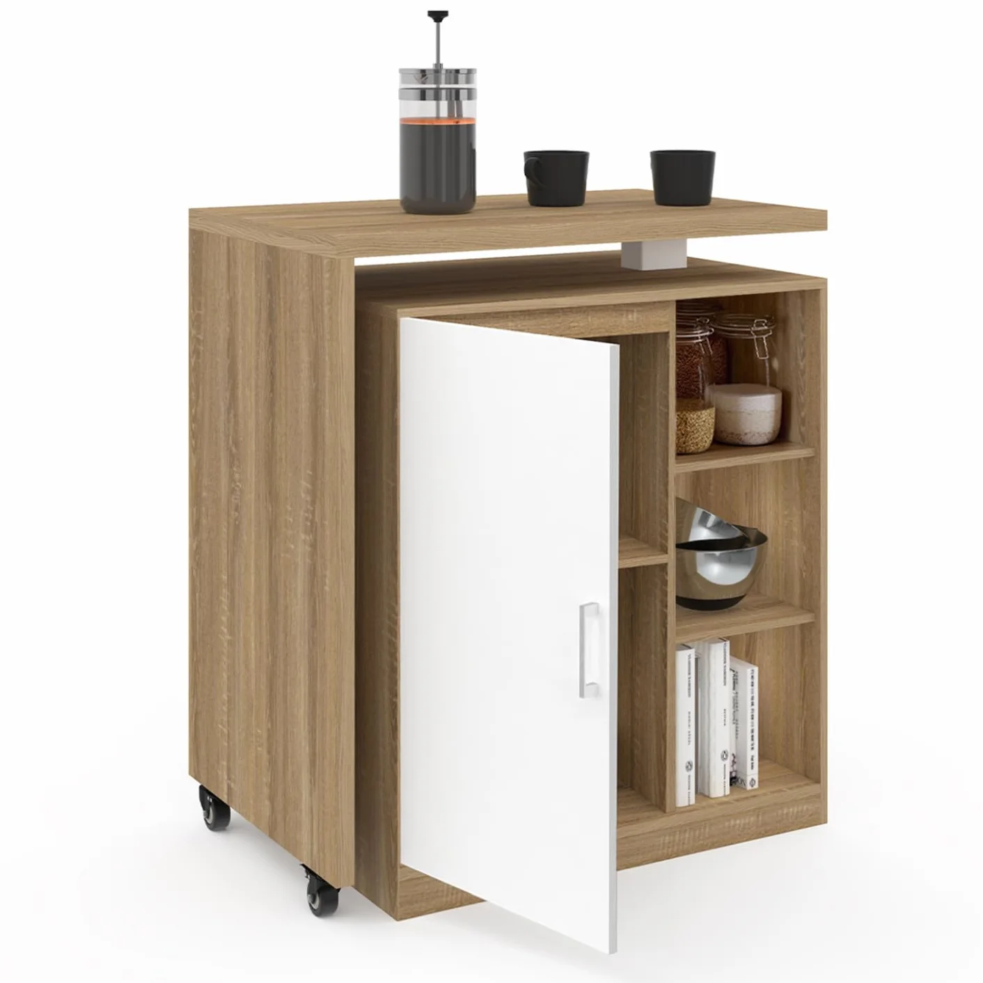 IDMarket – Ilot Rotativo Polo Mueble de bar giratorio 2 en 1 imitación haya puerta blanca