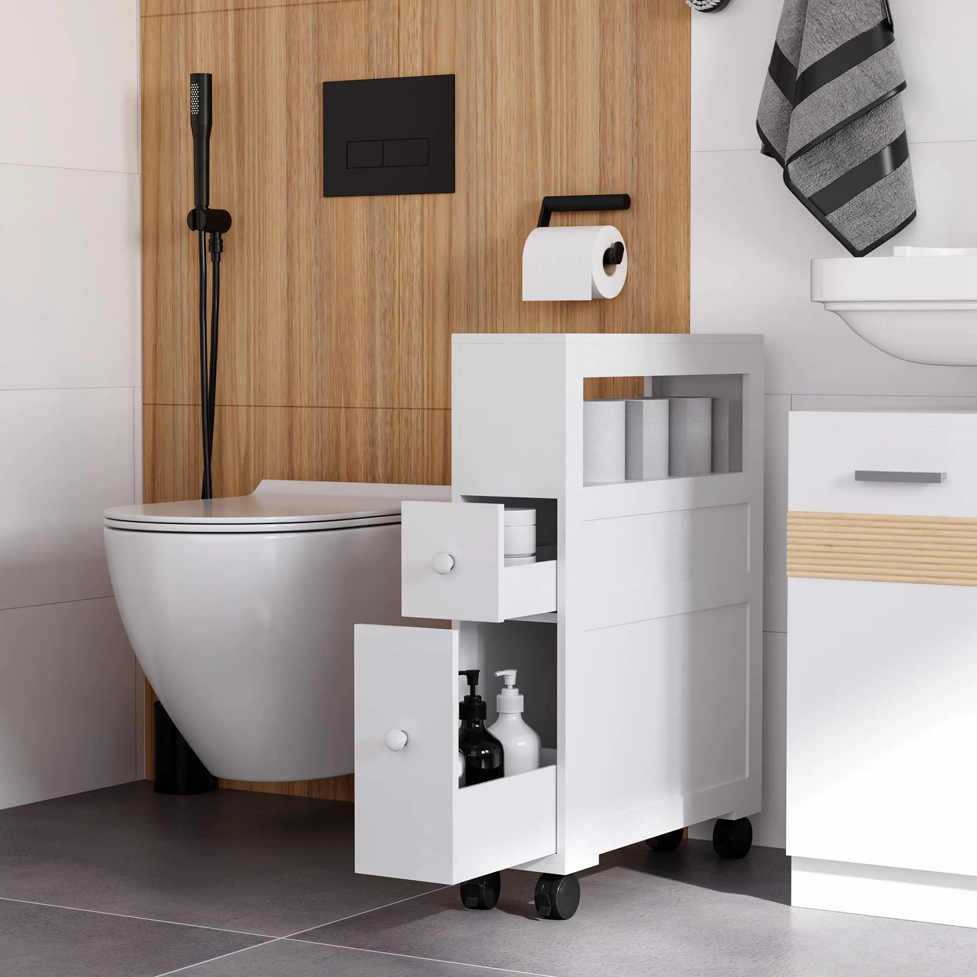 HOMCOM Armario de Baño con Ruedas Mueble de Baño Estrecho con 2 Cajones y Estante de Almacenamiento Carga 20 kg 16x52x71,5 cm Blanco