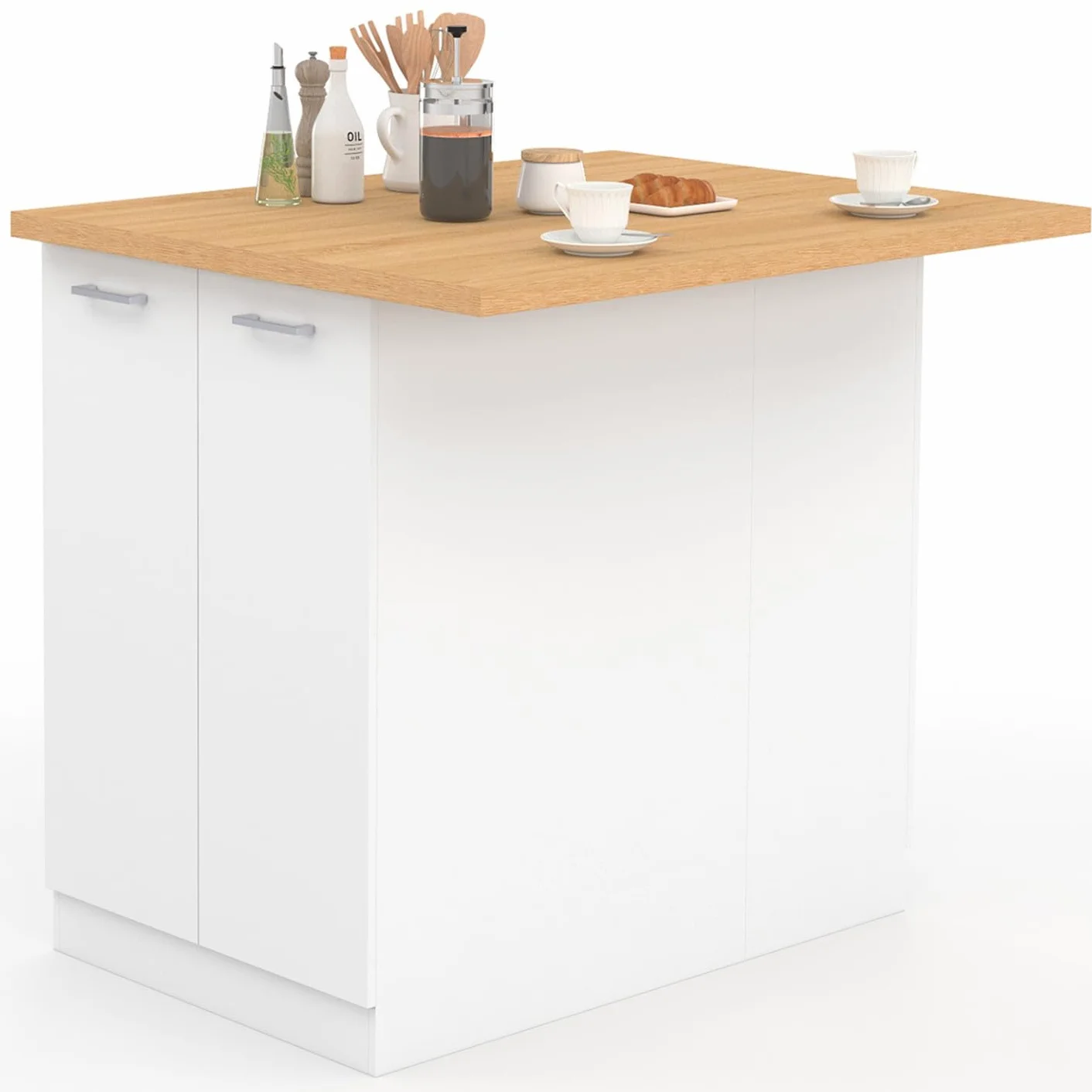 IDMarket - Ilot Central IVO 100 cm, color blanco con encimera de haya