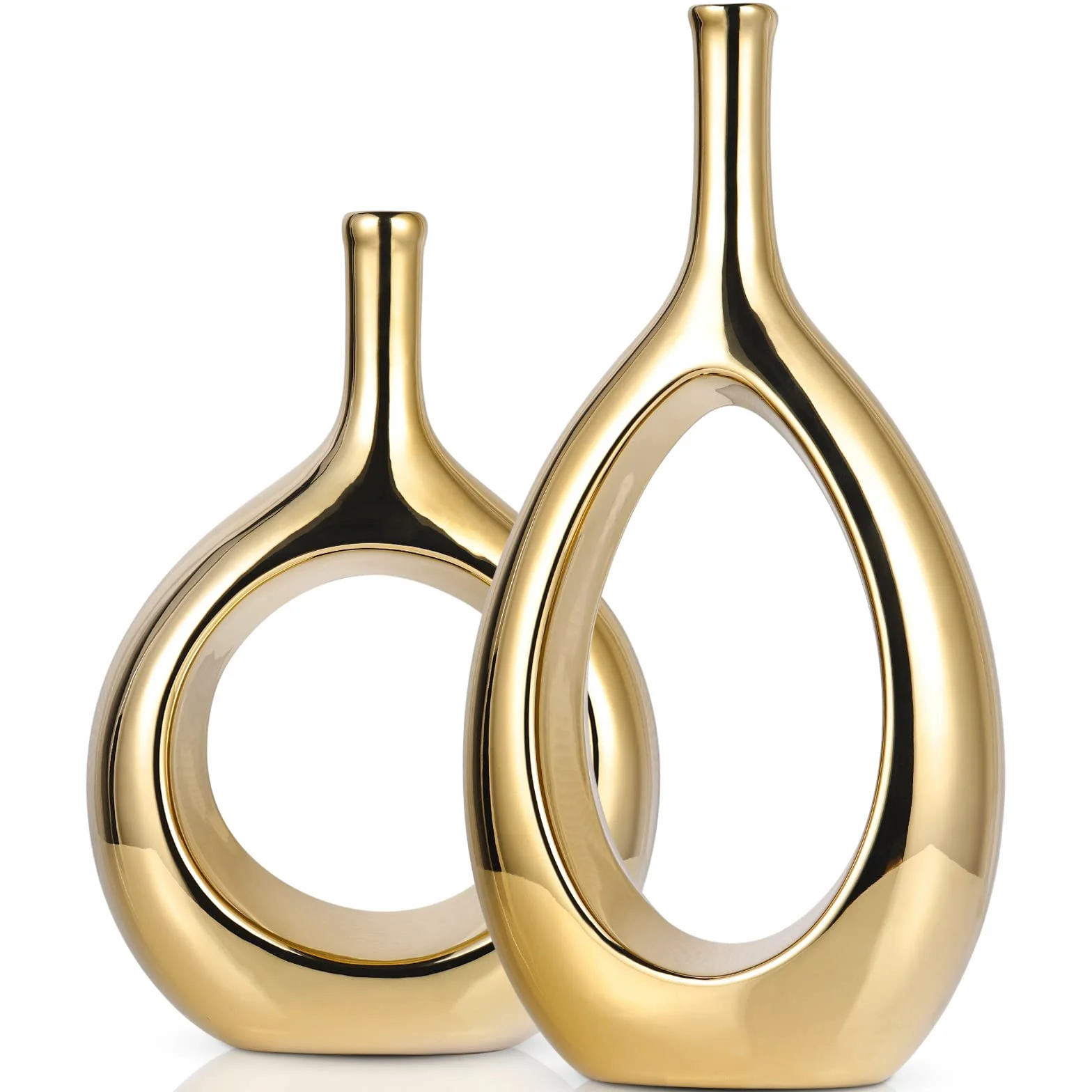 Jarrón dorado brillante de cerámica para decoración, círculo minimalista moderno con agujero, jarrones de flores huecos para estantería y chimenea