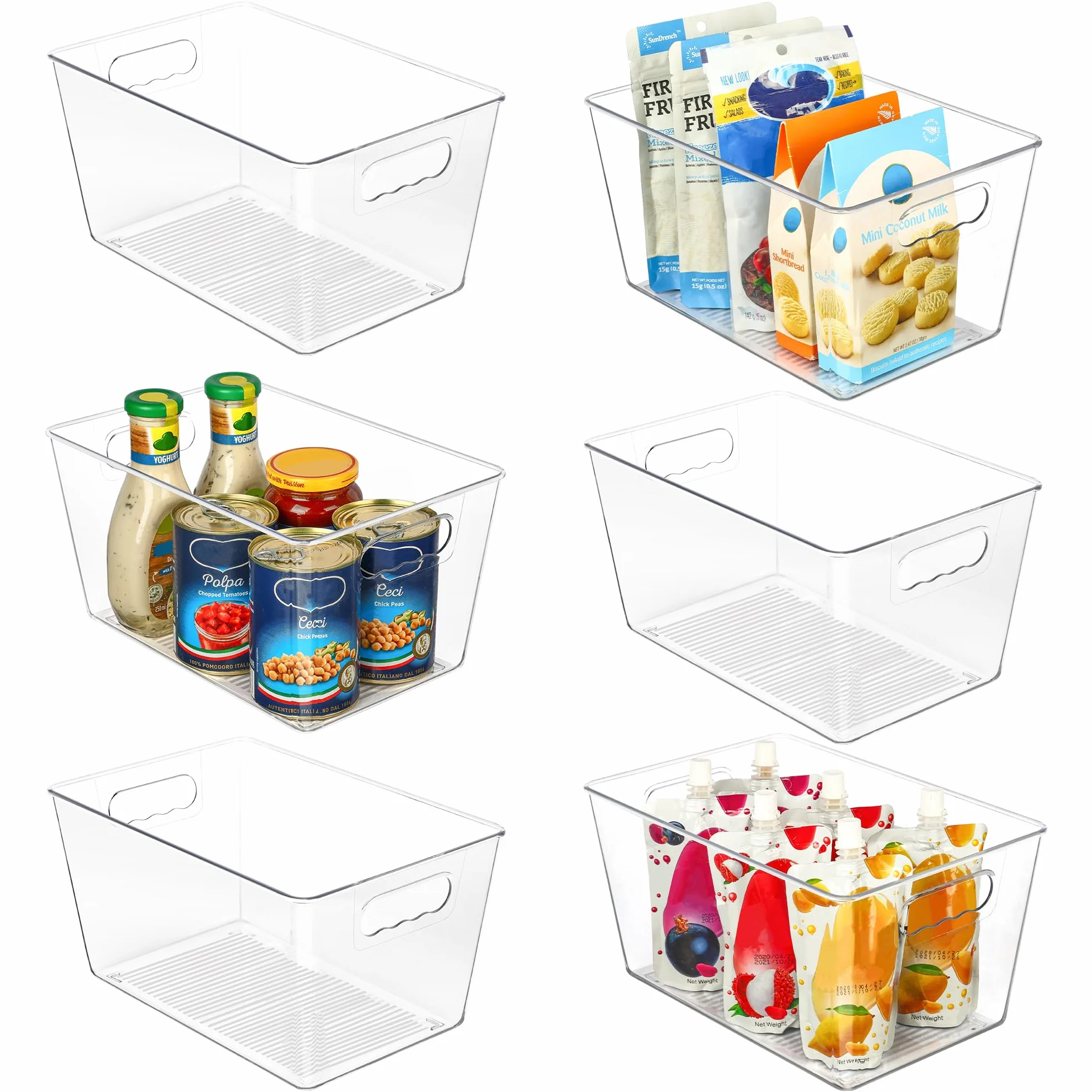 Vtopmart Paquete de 6 cajas de almacenamiento de plástico transparente (11.25 x 6 x 7.5 pulgadas), organizadores de despensa de cocina, organizadores de nevera, caja de almacenamiento de baño con asa
