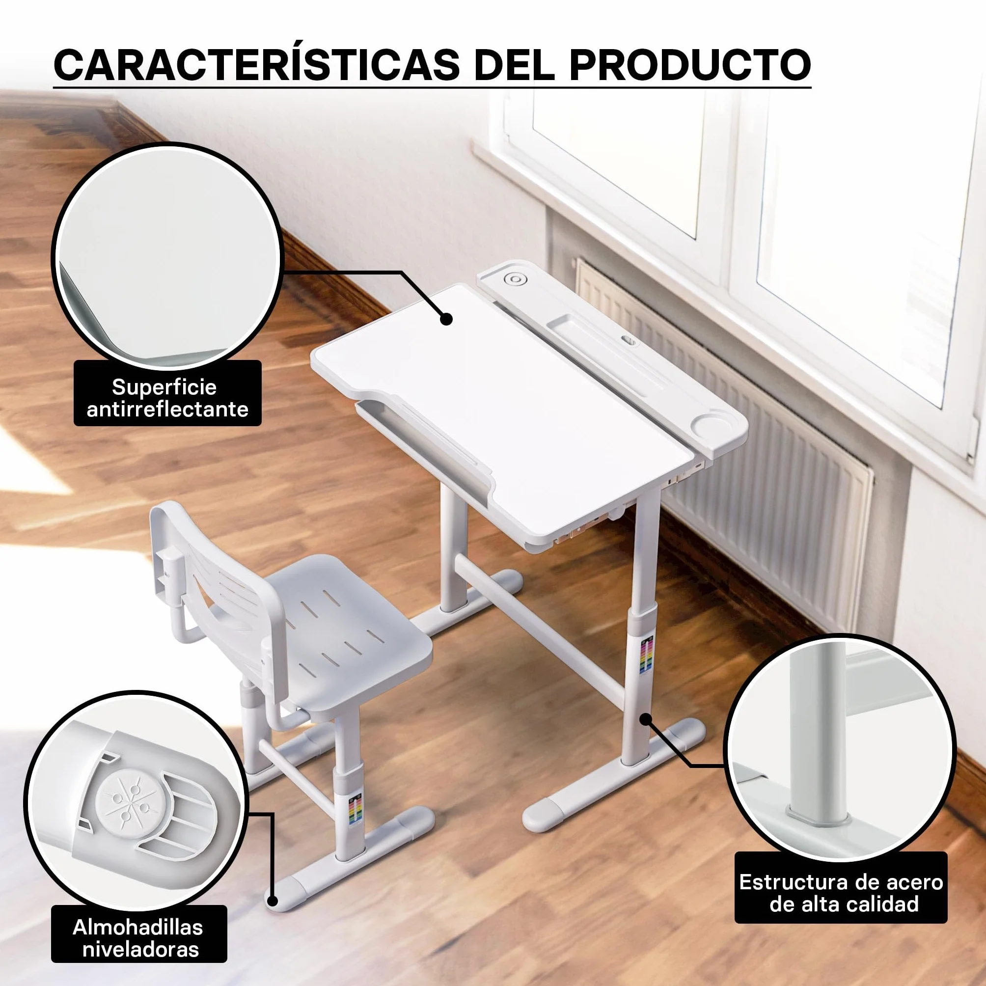 Escritorio para niños Regulable en inclinación/Altura con Silla cajón sujeta Libros
