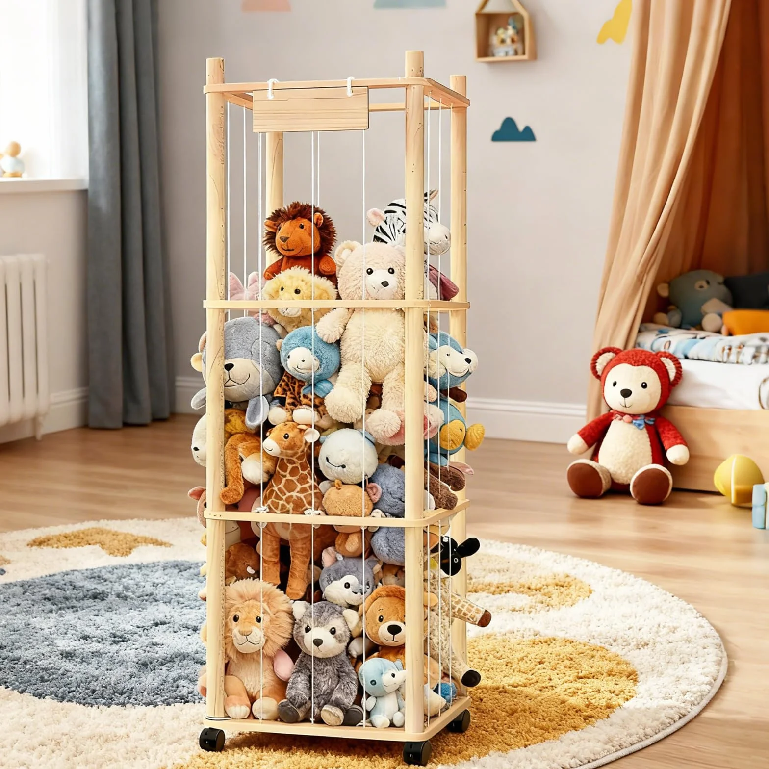 Organizador de Peluches de Madera con Ruedas 360° y Frenos Almacenamiento Juguetes Infantil