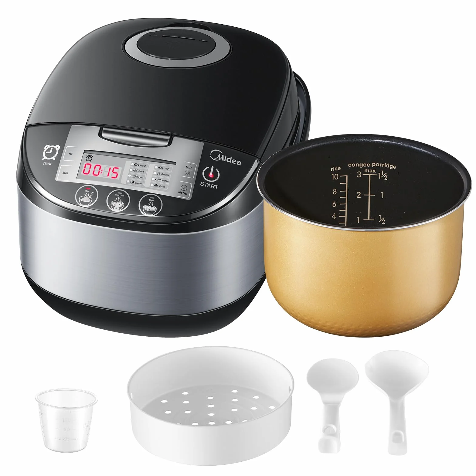 Midea Olla Arrocera Multifuncional con Vaporera (10 Tazas, 1,8 Litros) 11 Funciones Multicocción, Pantalla LED, Calentador, Temporizador, Olla Interior Extraíble Antiadherente (Negro)