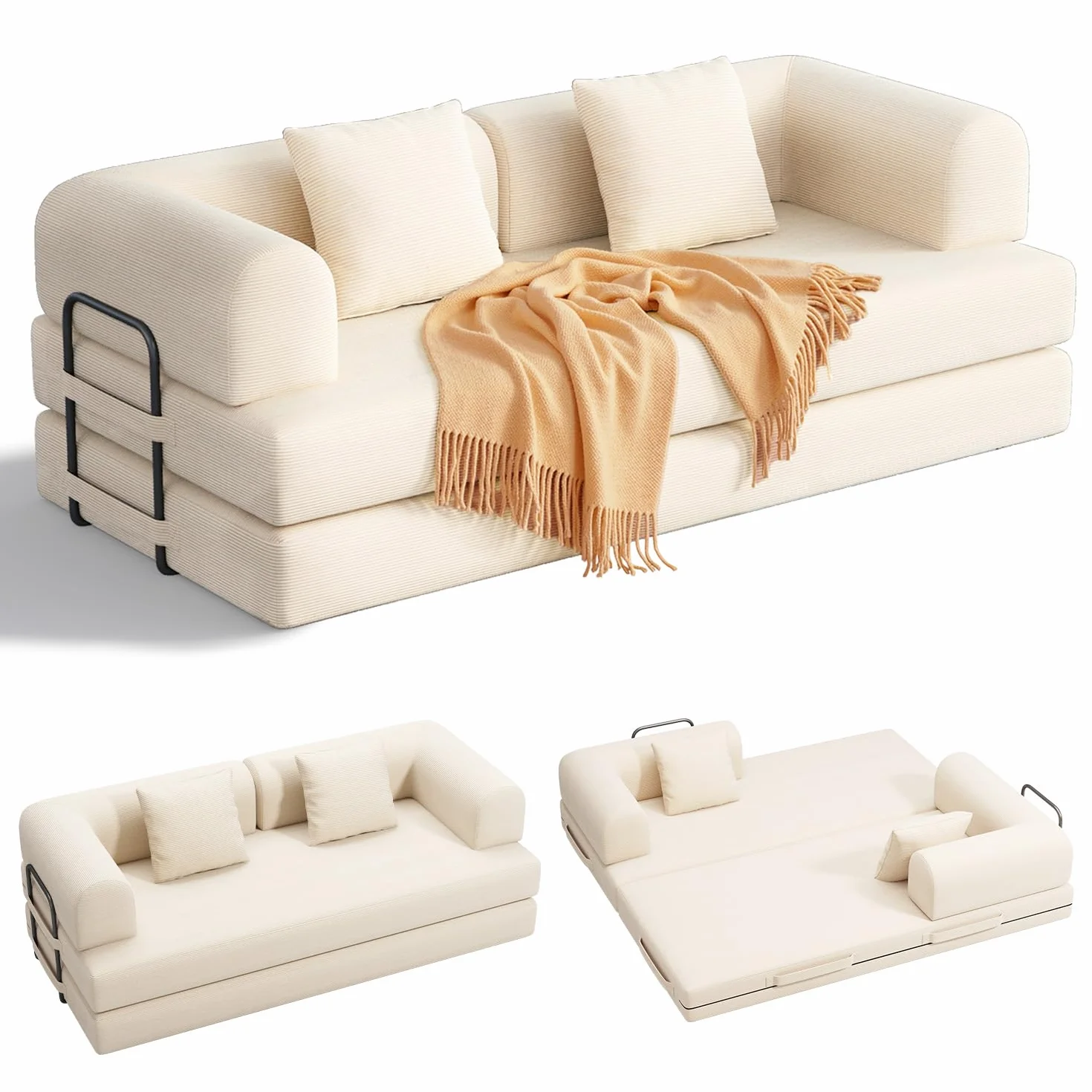 Xbro Sofá Cama 3 Plazas de 200cm,Sofa Modular con 5 configuraciones transformables，Sofa comprimido al vacio(Sin Montaje) de Pana para salón y Dormitorio, Blanco