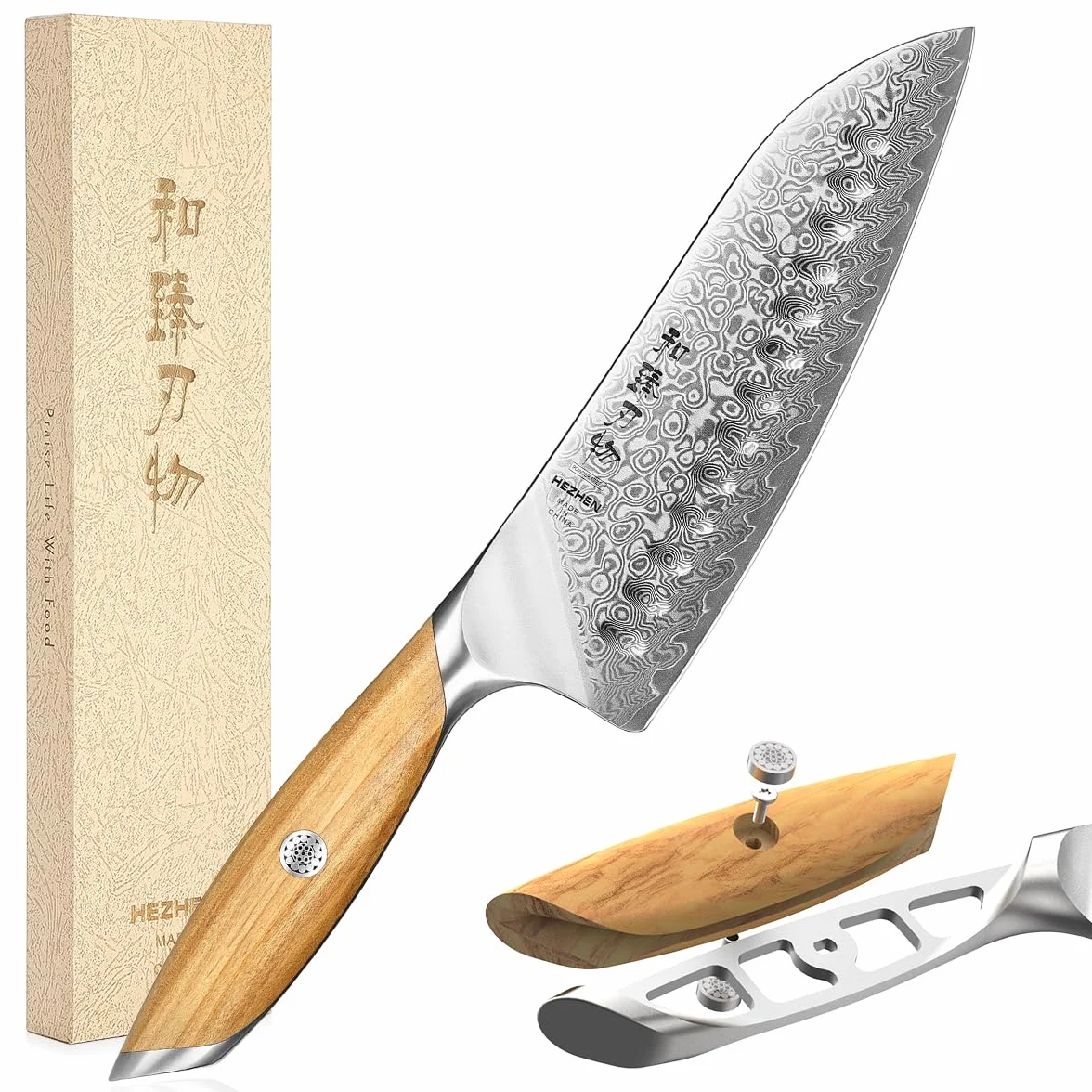 HEZHEN Cuchillo de Damasco Cuchillo Santoku, Damasco Acero en Polvo 73 Capas de Cuchillo de Chef Estilo Japonés, Cuchillo de Cocinero Profesional