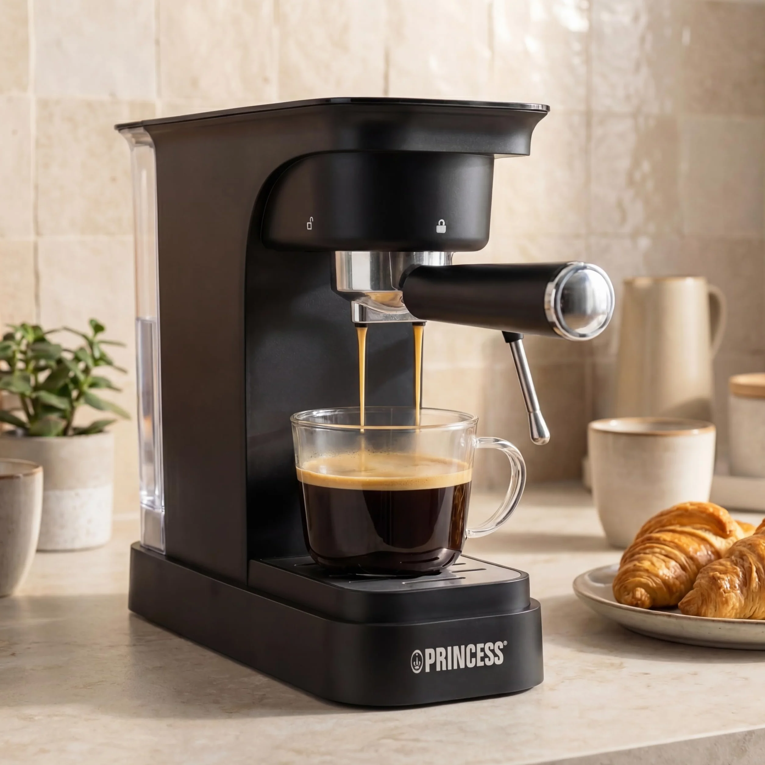 Princess Espresso Machine, Bomba de 20 Bar, Depósito de Agua de 0,8 l, Para Café Molido y Cápsulas ESE, Diseño Compacto, Negro, 01.249421.01.001