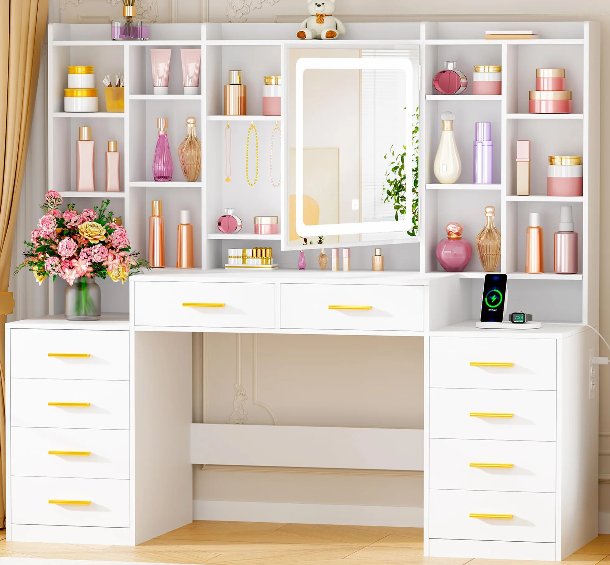 ANWBROAD 150cm Tocador de Maquillaje con Luz LED Regulables y Espejo Grande Tocador 10 Cajones,Iluminación de 3 Colores, Mesa de Maquillaje con 15 Estantes Abiertos 5 Ganchos para Joyas Blanco BDT17W