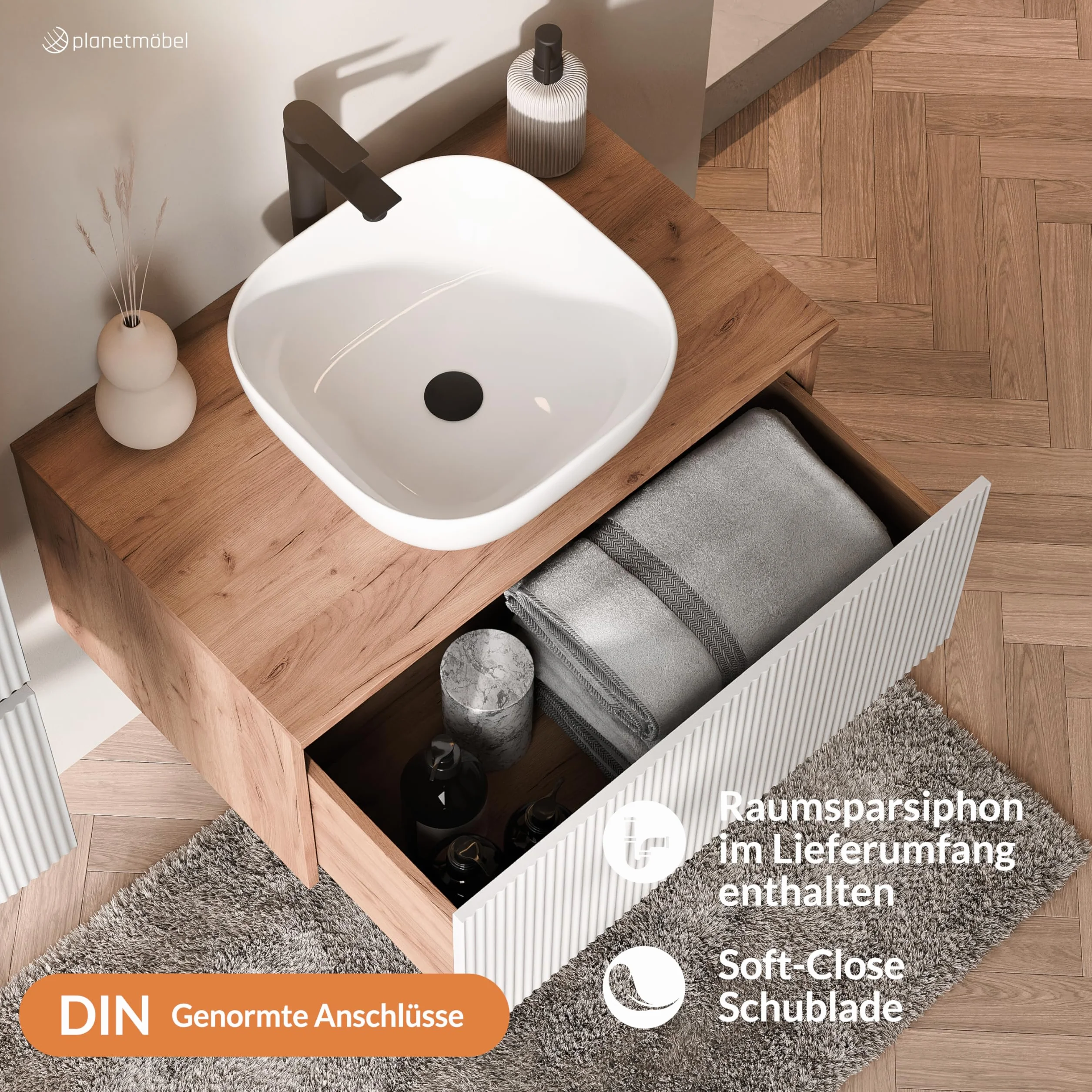 Planetmöbel Arisa Conjunto de muebles de baño 80 cm roble dorado blanco acanalado espejo NOVA lavabo 42 cm Blanco
