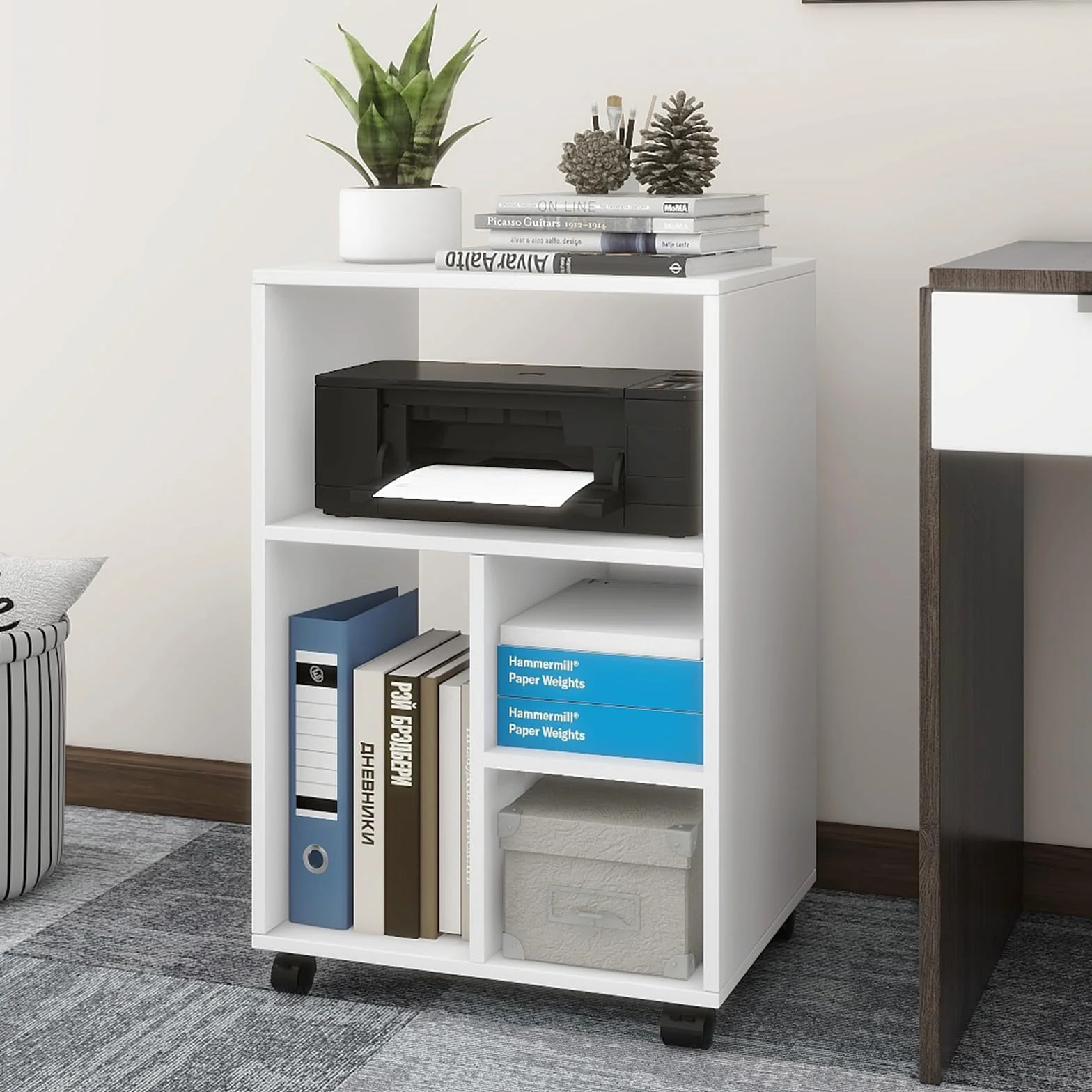 PUNCIA Mueble para Impresora con Ruedas Archivador Auxiliar Oficina de Madera con 4 Estantes Ajustables Mesa de Impresora Armario Móvil para Documentos DIN A4 Carro de Despacho Estudio Blanco