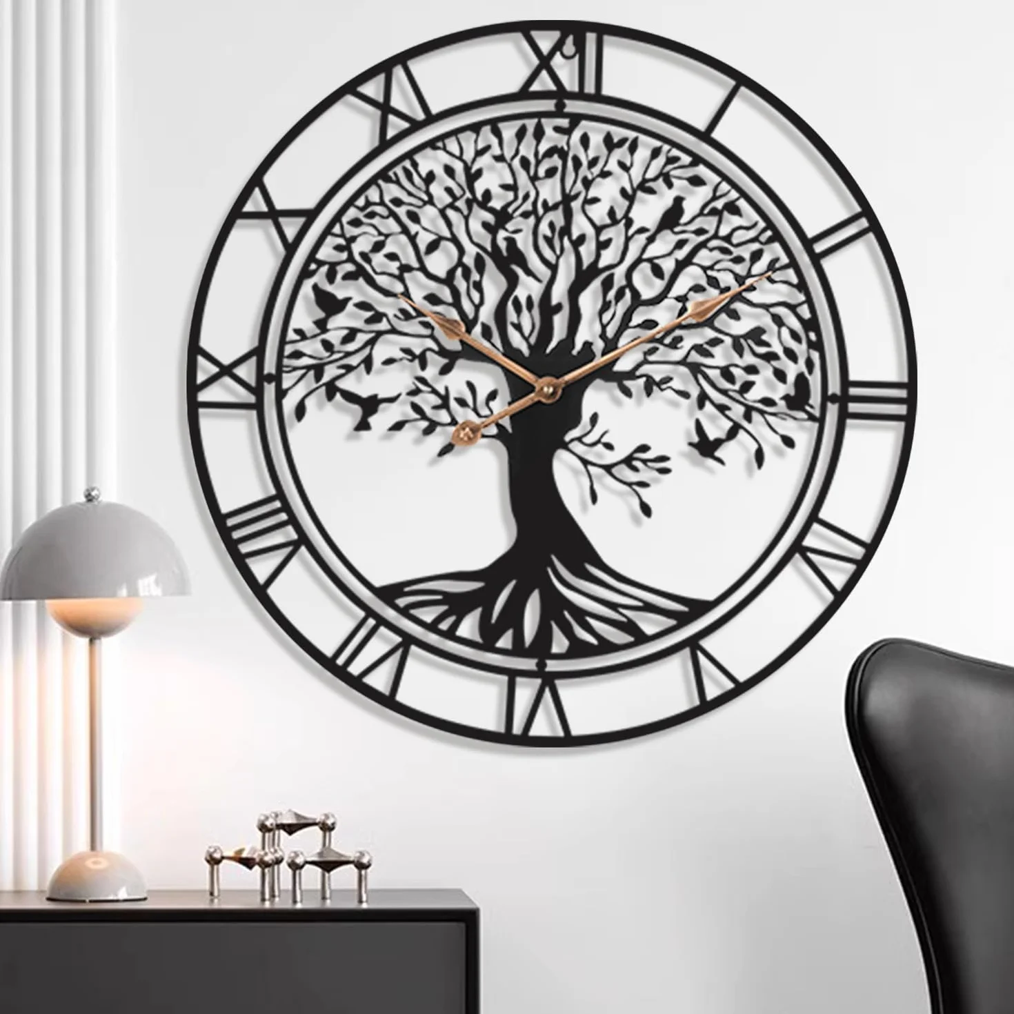 Gran árbol de la vida reloj de pared de metal negro reloj de pared grande decoración del hogar sala de estar relojes de pared con números reloj silencioso de medio siglo reloj moderno familia