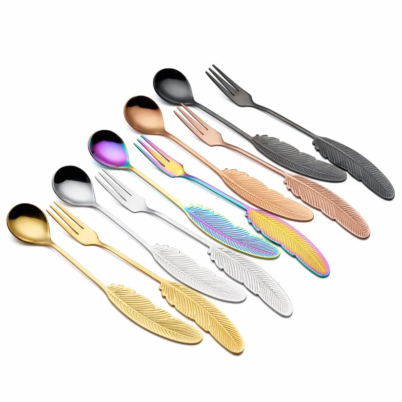 sdneNest Juego de cubiertos de 10/40/60/80/100/120 piezas de cucharas y tenedores de plumas de acero inoxidable 304, regalo creativo, cuchara pequeña, cuchara de café, cuchara de postre y arco iris