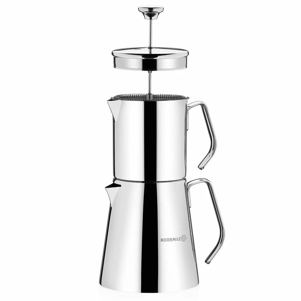 Korkmaz Juego de tetera turca Aqua A225, acero inoxidable 18/10, doble prensa francesa, con asas de metal, tetera estilo Samovar con 30 oz (900 ml) y 50 oz (1500 ml)
