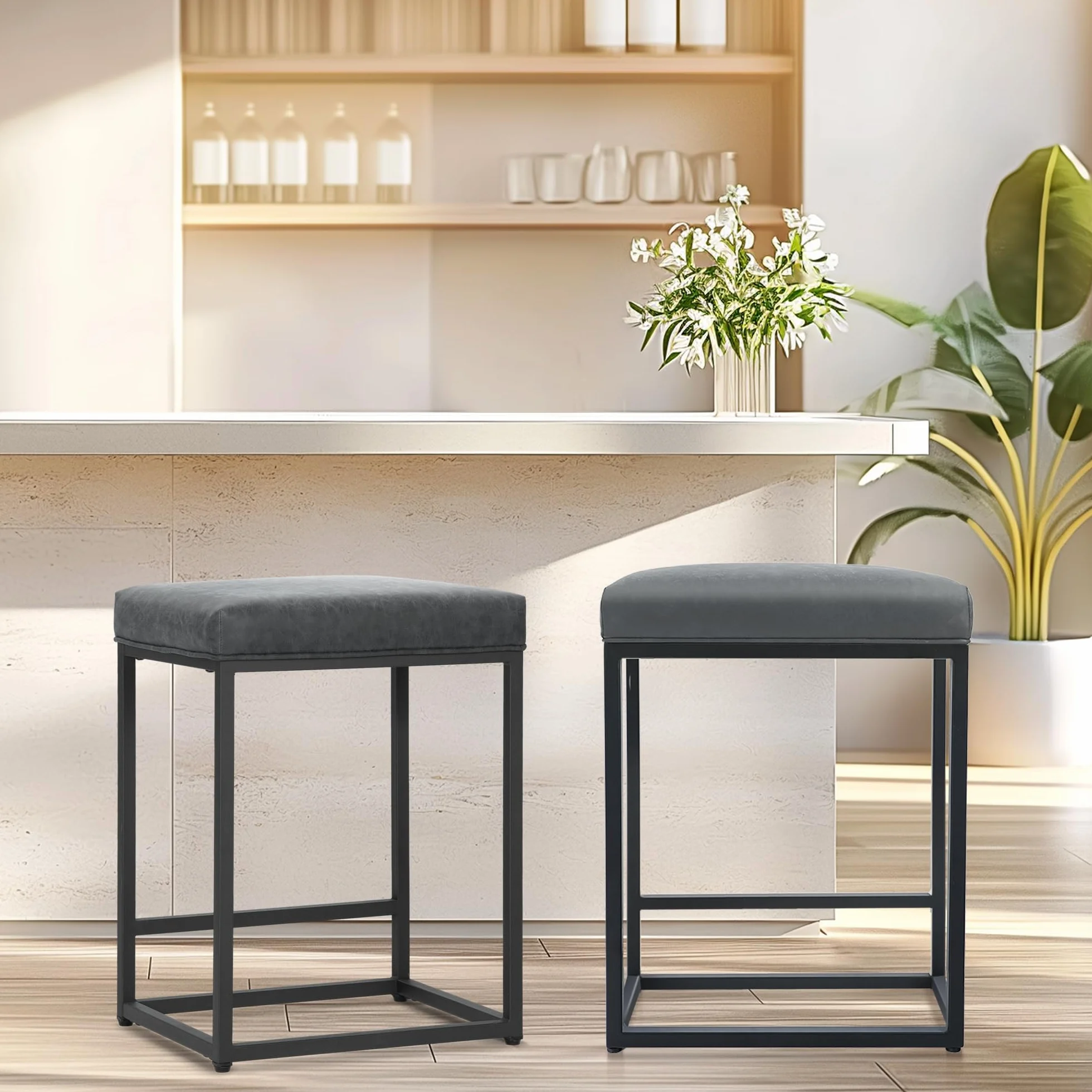 ALPHA HOME 2 taburetes de bar con reposapiés, sillas de cocina, de piel sintética, sin respaldo, taburetes de bar, para interior y exterior, comedor, bar en