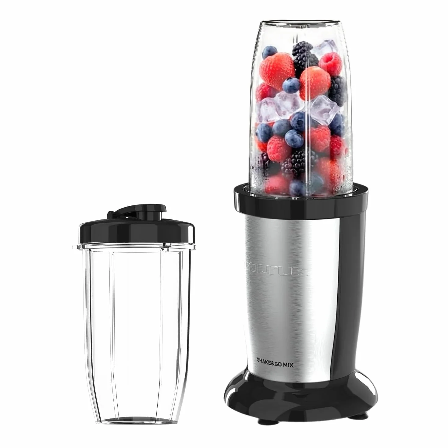 Taurus Shake & Go Mix – Mini batidora portátil de 1000W con vaso de 500 ml portatil | 6 cuchillas de acero inoxidable | Tritura hielo y fruta congelada | Pulse Technology | Incluye tapas