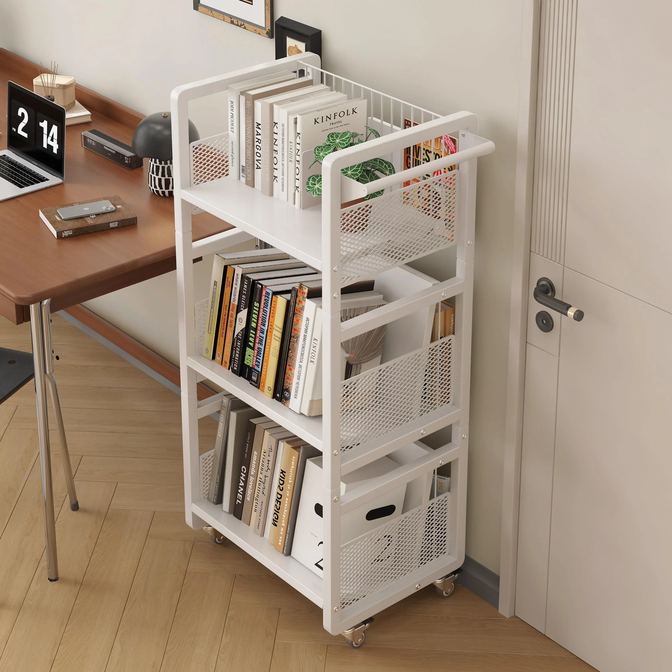 3 Niveles Librería con Ruedas, Estantería Metálica Móvil, Oorganizar y Transportar Libros Carrito Versátil, Adecuada para la Escuela,Estudio,Sala de Estar, Blanca