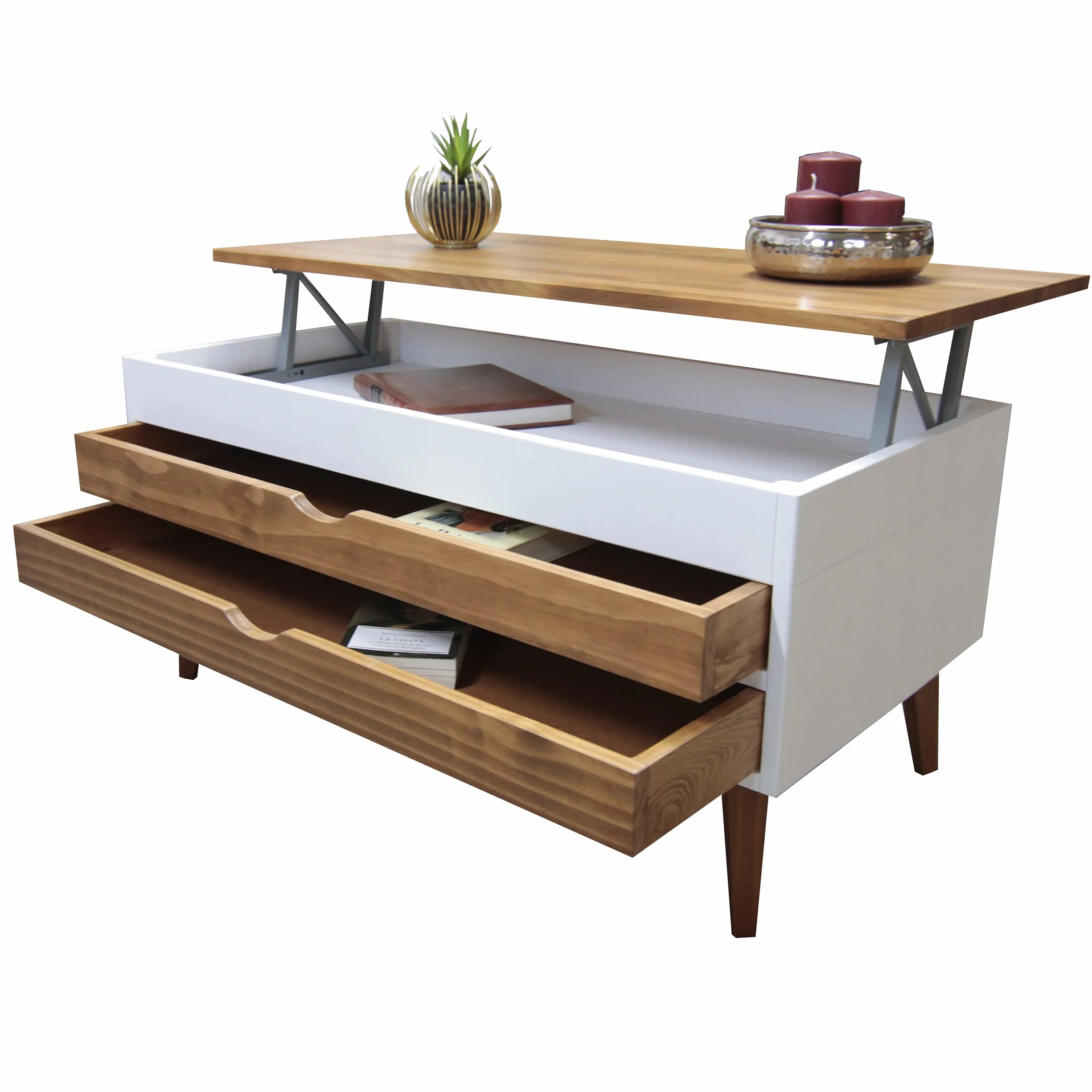 LoMasCasa - Mesa de Centro Salón Elevable Modelo Luzia 5 con Dos Cajones Deslizantes en Color Blanco y Madera Color Nogal Medidas 100x50x47 cm