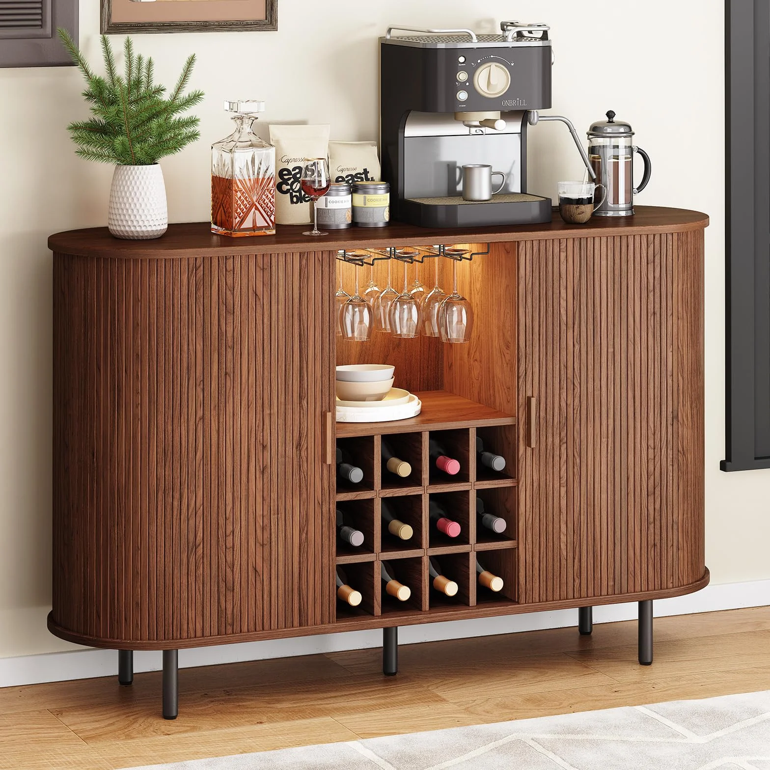 ONBRILL Gabinete de bar de vinos de 55 pulgadas con luz LED, moderna estación de café de whisky y licor con estante para vino y soporte para copas, aparador de buffet de granja con almacenamiento para