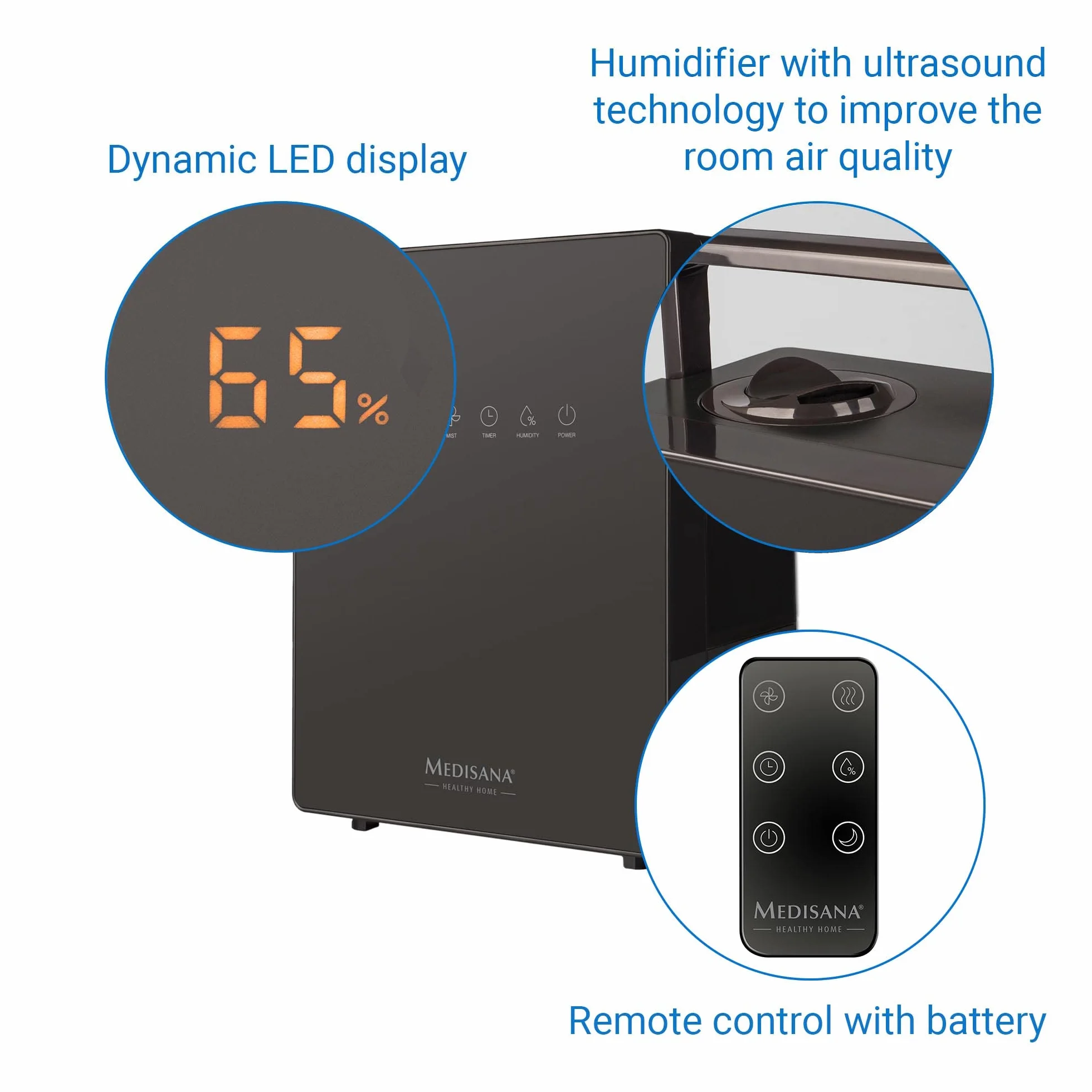 medisana AH 675 Humidificador con higrómetro, Función de temporizador, Función de precalentamiento, 3 intensidades de nebulización, El salón y el dormitorio de los niños, Capacidad de 5,2 litros