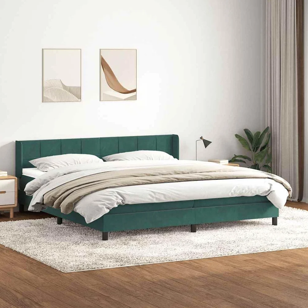 Cama con somier, color verde oscuro, 180 x 220 cm, funda de tela de terciopelo, con colchón de muelles ensacados, cabecero ajustable y cubrecolchón para dormitorio, descanso
