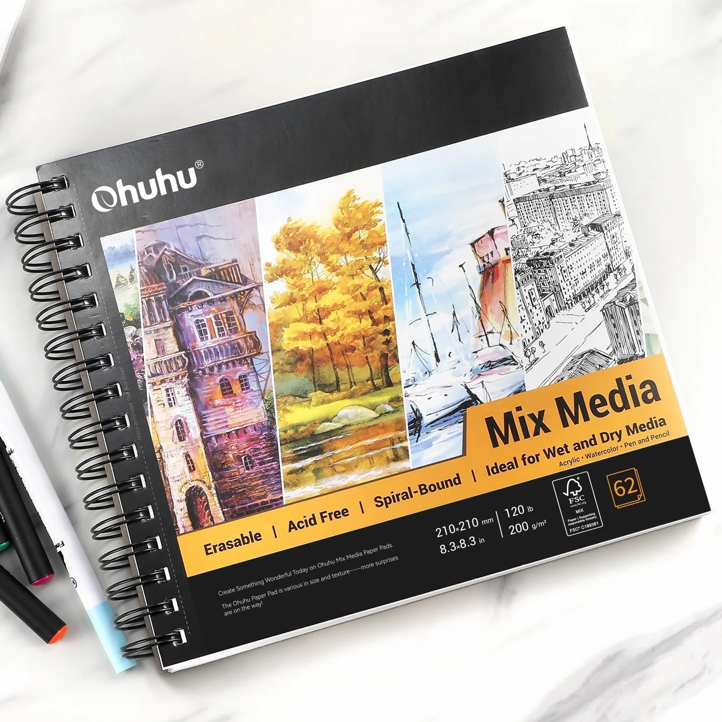 Ohuhu Cuaderno de Dibujo 200g/m² Tapa Dura Encuadernado en Espiral 225mm x 210mm 124 páginas