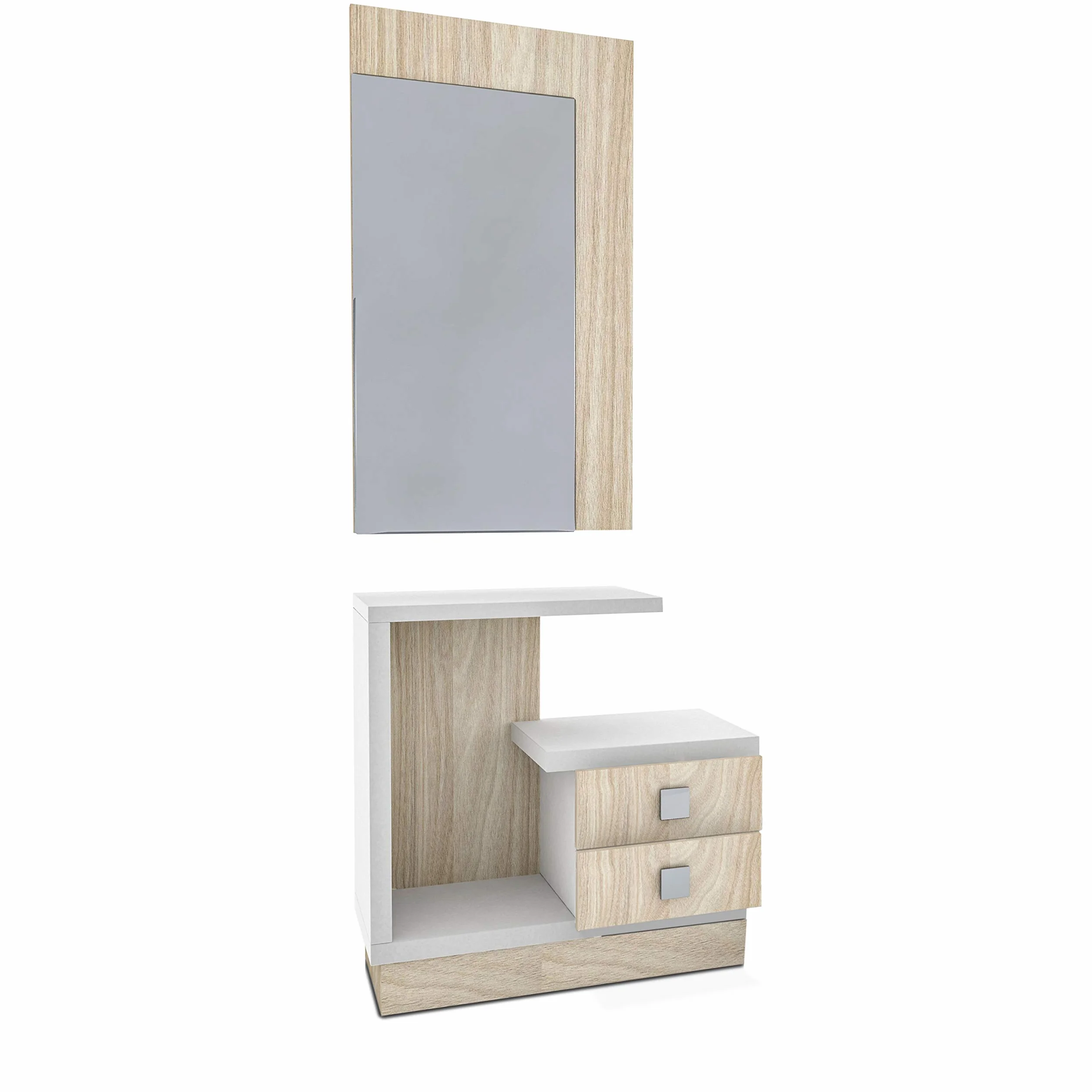 Recibidor con Espejo y 2 Cajones, Mueble de Entrada, Modelo Star, Acabado en Blanco y Nelson, Medidas: 75 cm Largo x 27.9 cm Fondo x 71 cm Alto