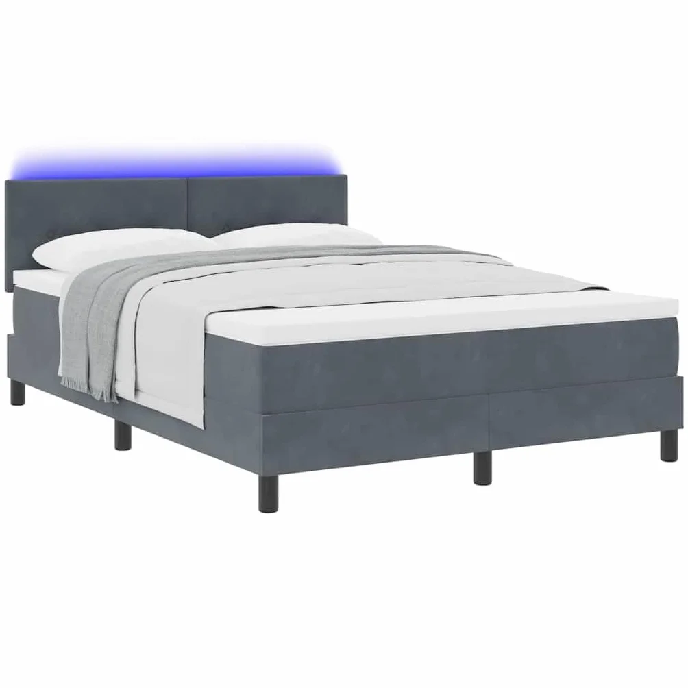 Cama con somier LED gris oscuro con cabecero de terciopelo 140 x 190 cm, cabecero ajustable, tiras LED RGB, material de madera y madera maciza, cama doble moderna para dormitorio