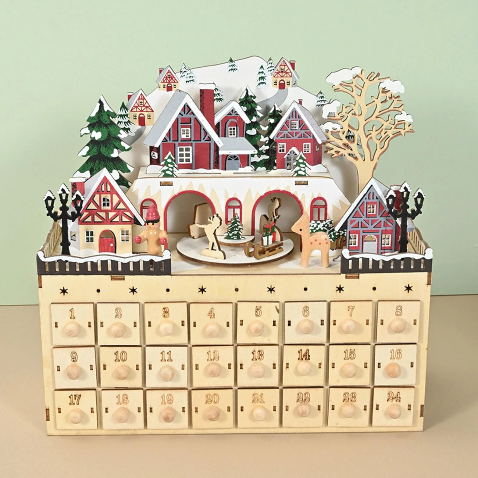 Gabinete de madera natural con calendario de Adviento de Navidad con 24 compartimentos de regalo, decoración de casa de pueblo, adorno de cuenta regresiva con compartimento